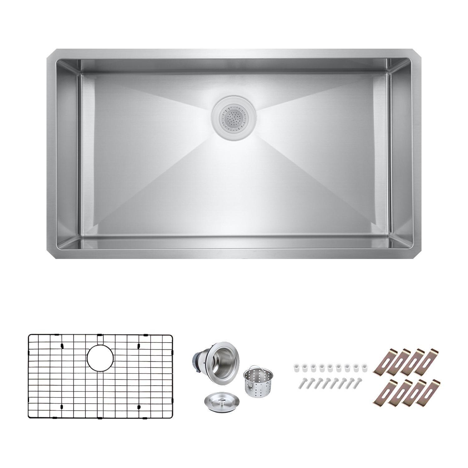 BBQGuys Signature Undermount Stainless Steel 33-Inch Single Bowl Sink W/Grid and Strainer - White Background thumbnail