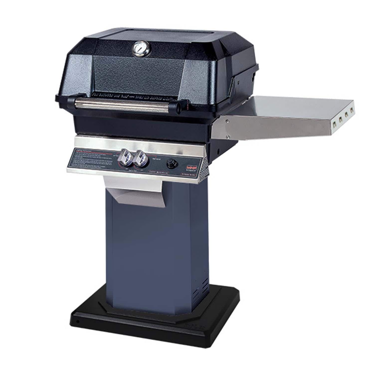 MHP JNR Propane Grill Head w/ SearMagic Cooking Grids & Drop Down Shelves on Chicago Blues Grill Column & Permanent Base - JNR4DD-PS + OCOLCB + OPP