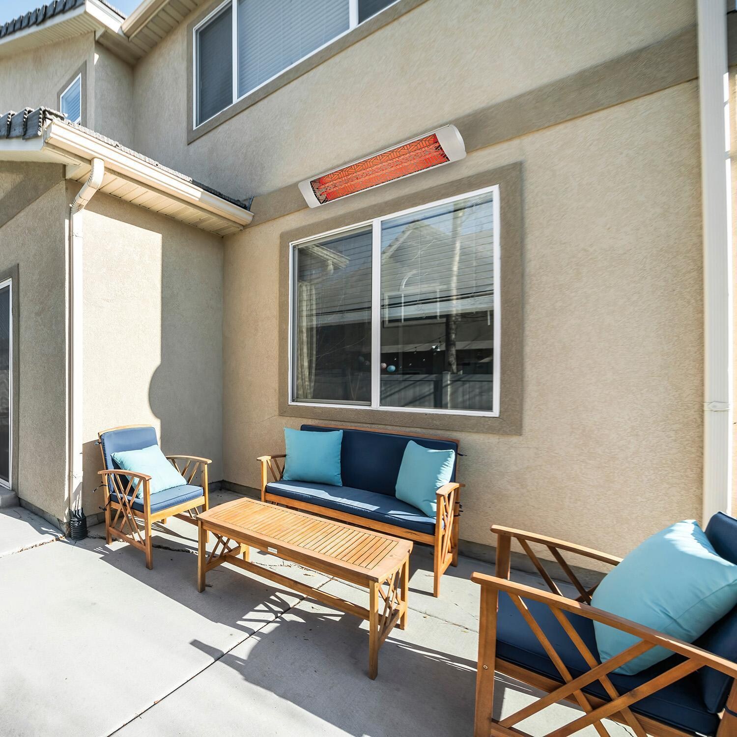 Eurofase EF15120S3 Plug-In Mason Series 39-Inch 1500 Watt Single Element 120V Electric Infrared Patio Heater In Stainless Steel - Seating Area - Lifestyle thumbnail