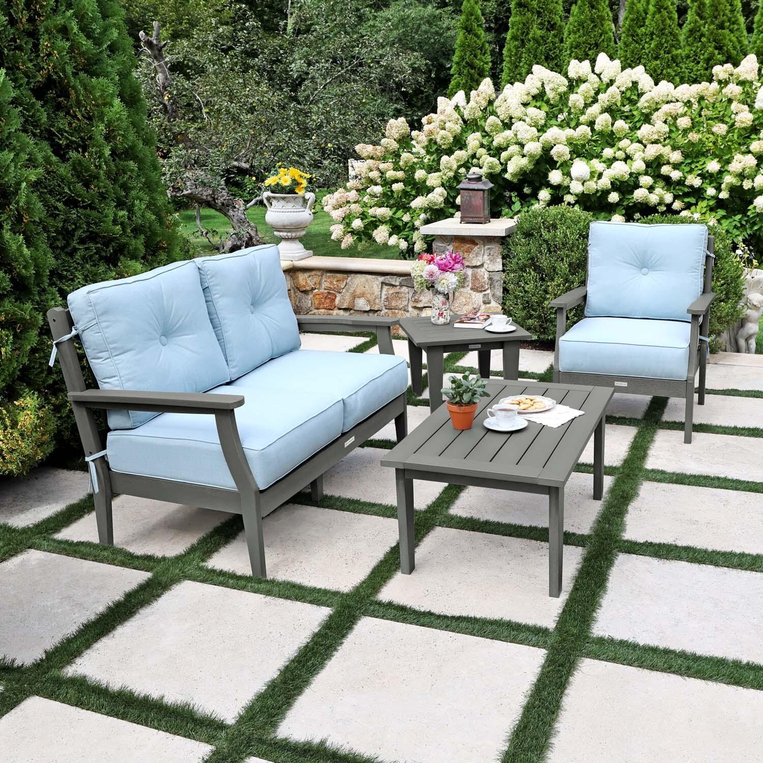 Blushing Bay 4 Pc Recycled Plastic Seating Set in Bliss Dew/Coastal Teak by Lakeview Outdoor Designs - Side View - Lifestyle thumbnail