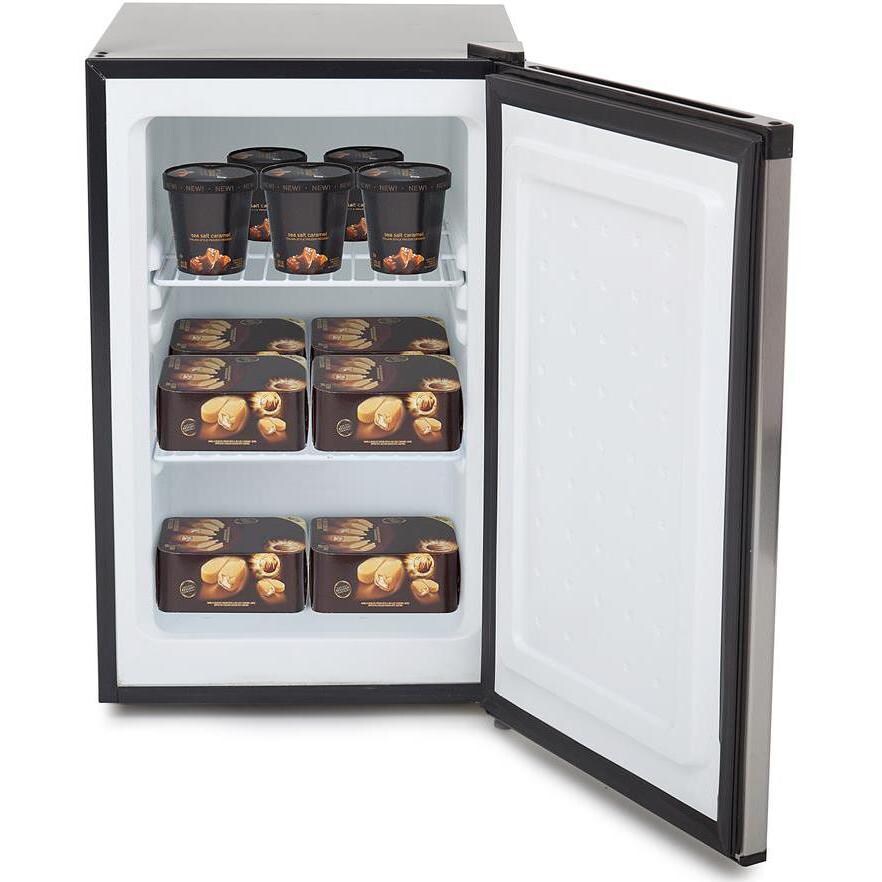 Whynter 2.1 Cu. Ft. Stainless Steel Upright Freezer With Lock - Interior View With Frozen Goods thumbnail