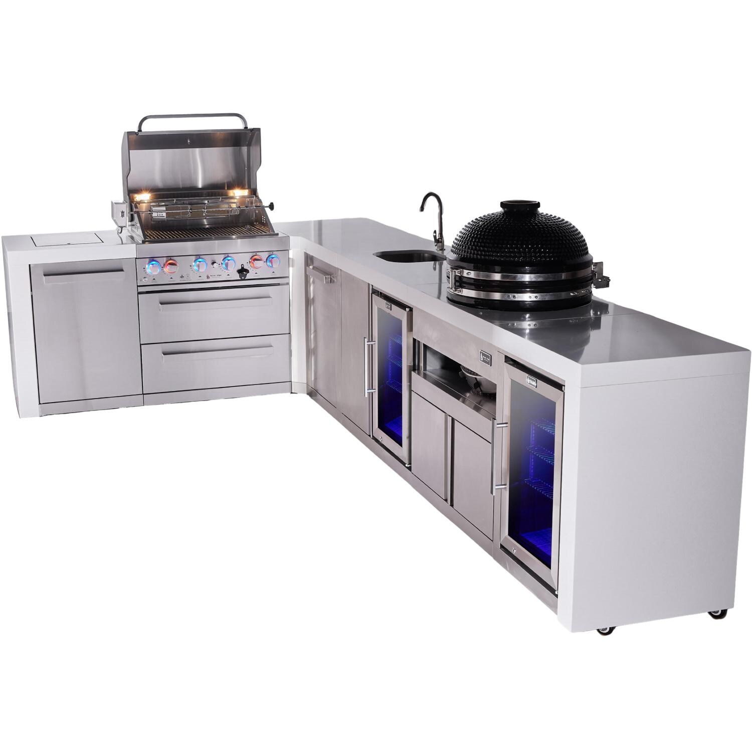 Mont Alpi Deluxe Series 13 1/2 Ft L-Shaped Natural Gas Outdoor Kitchen Island w/ 32-in Grill, Side Burner, Beverage Center, Kegerator, Kamado Module & Triple Drawer (Ships Propane w/ Conversion Kit) - Grill Open - White Background thumbnail