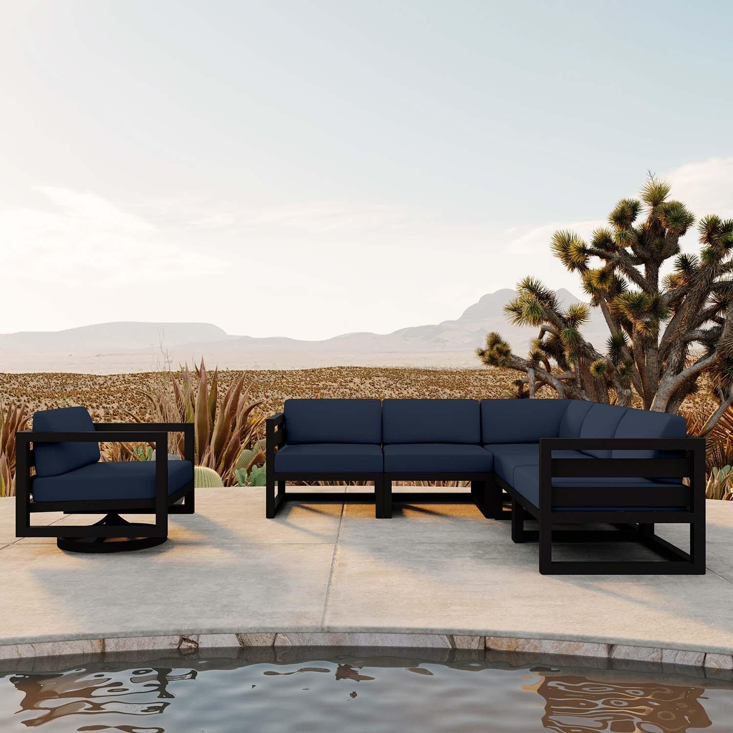 Misty Cove 6 Pc Aluminum Sectional Seating Set w/ Swivel Chairs in Black/Spectrum Indigo by Lakeview Outdoor Designs - Front View - Lifestyle thumbnail