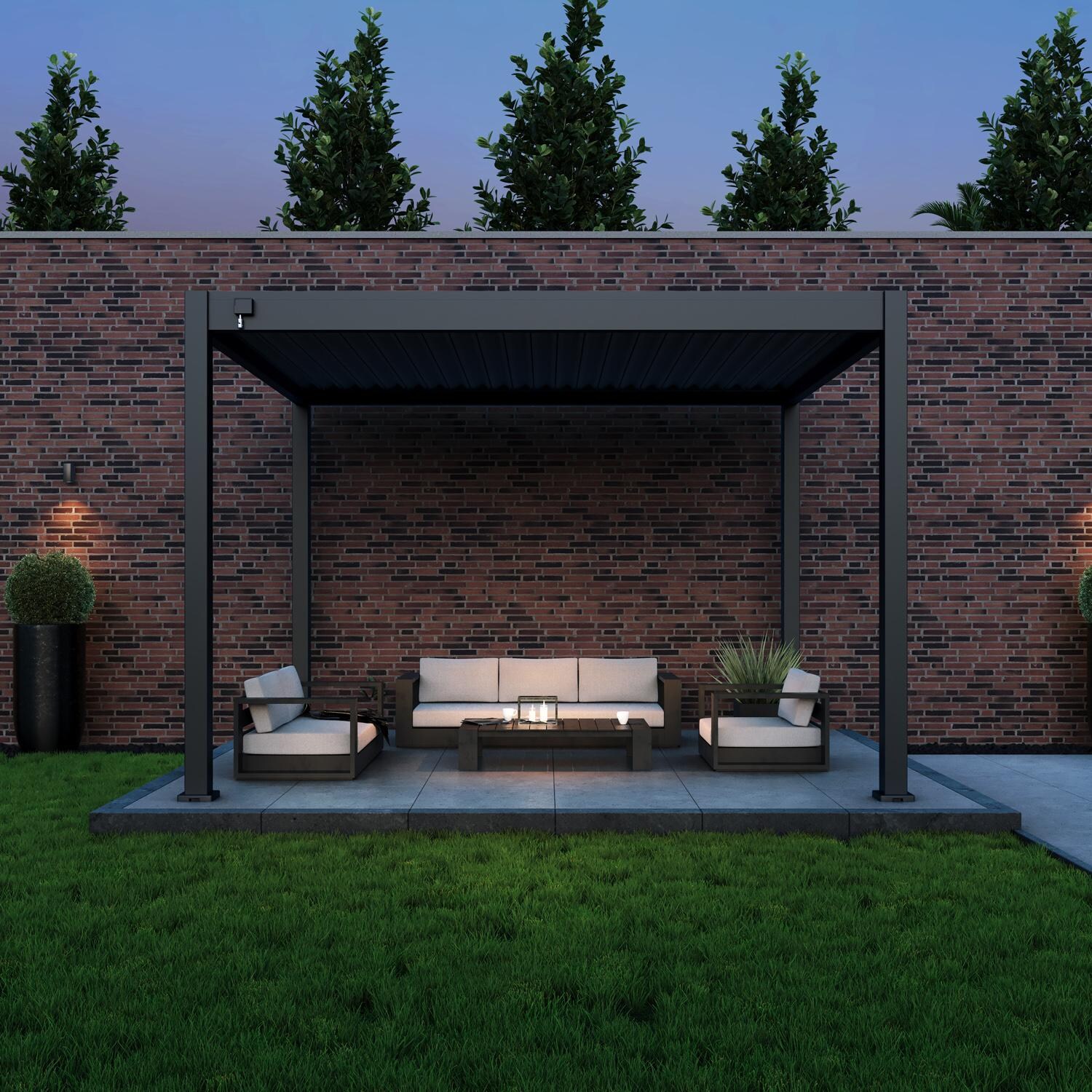 Paragon Outdoor PRGRT-1012GY Grand Tuscan 10' x 12' Slate Gray Aluminum Louvered Pergola - At Night - Lifestyle thumbnail