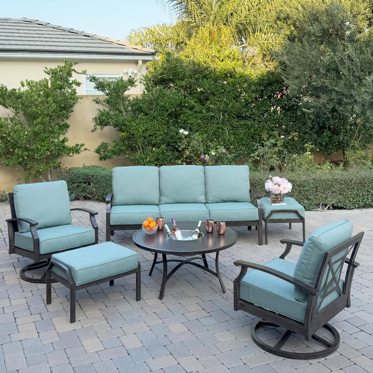 Atlantis 6 Pc Aluminum Seating Set w/ Sofa, 2 Swivel Rocker Club Chairs, 2 Ottomans & Ice Bucket in Walnut/Spa by Darlee - Hero - Lifestyle thumbnail