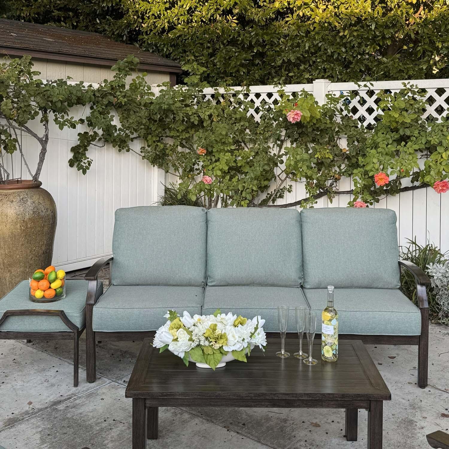 Atlantis 6 Pc Aluminum Seating Set w/ Rectangular Coffee Table in Walnut/Spa by Darlee - Close Up - Lifestyle thumbnail