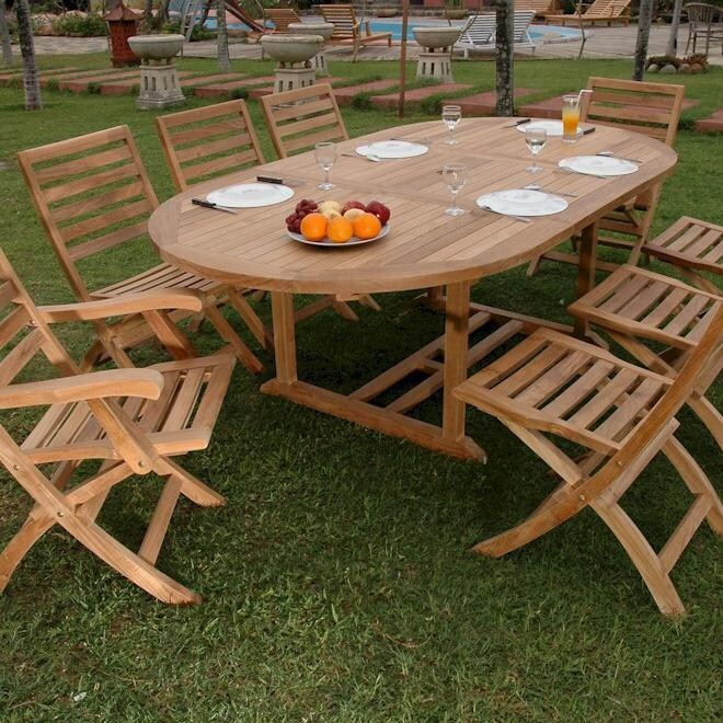 Bahama Andrew 9 Piece Teak Patio Dining Set W/ 63 X 47 Inch Rectangular Extension Table And Folding Chairs By Anderson Teak
