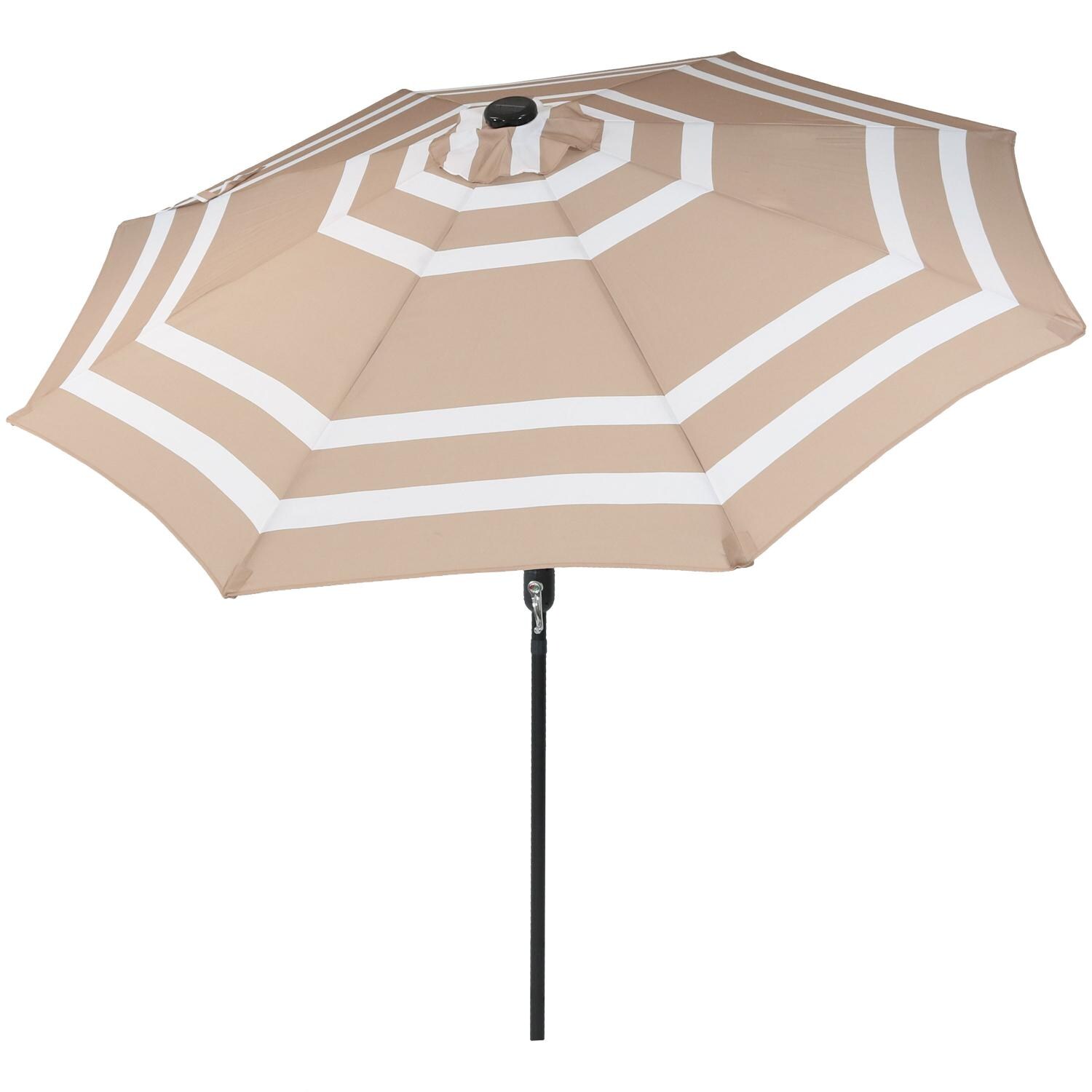 Sunnydaze 9 Ft. Solar Lighted Octagonal Aluminum Patio Mart Umbrella W/ Crank & Tilt - Black Frame & Beige Stripe Polyester Canopy image