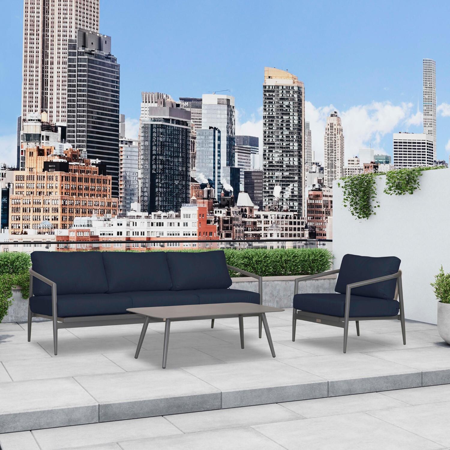 Lakeview Midnight Cove 3 Pc Aluminum Sofa Seating Set in Slate/Pebble Gray/Spectrum Indigo - Angled - Lifestyle thumbnail