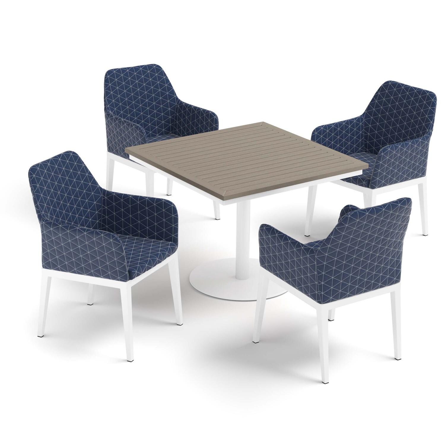 Oxford Garden Oland 5 Pc Aluminum Dining Set W/ Vintage Tekwood Table Top in Chalk/Quilted Spectrum Indigo - Top View thumbnail