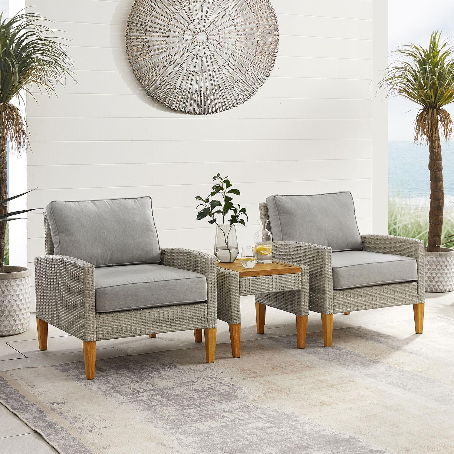 Clarkwood 3 Pc Wicker Seating Set w/ End Table in Acorn/Gray by Ultimate Patio