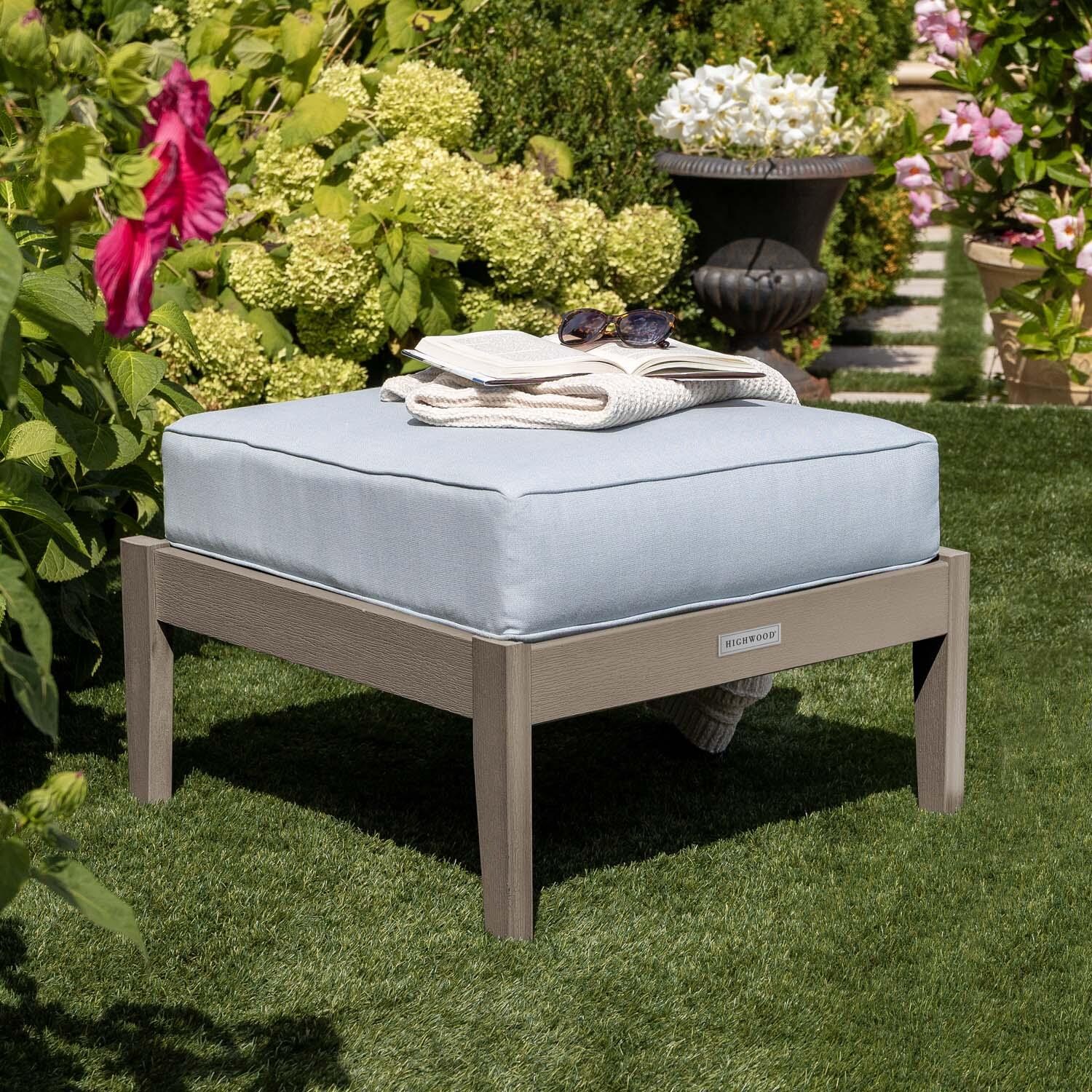 Blushing Bay Recycled Plastic Ottoman in Bliss Dew/Woodland Brown by Lakeview Outdoor Designs - Lifestyle thumbnail
