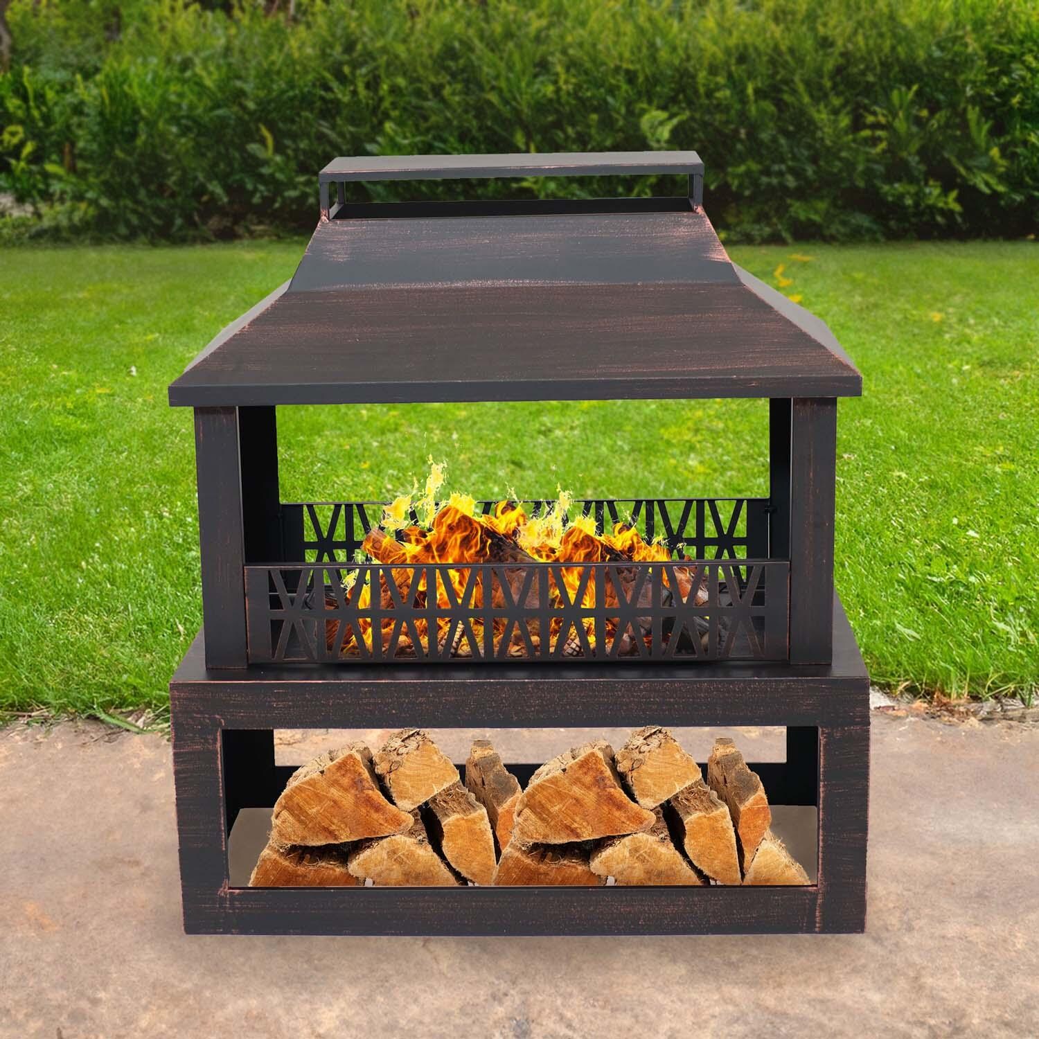 32 Inch Rectangular Steel Wood Burning Fireplace w/ Wood Storage in Bronze By Ultimate Patio - Lifestyle thumbnail