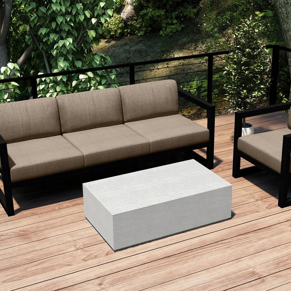 Lakeview MSTYMAS-BK-3SS-HB Misty Cove 3 Pc Aluminum Seating Set in Black w/Mason Coffee Table & Heather Beige Cushions by Lakeview Outdoor Designs - Set on Patio Cropped - Lifestyle thumbnail