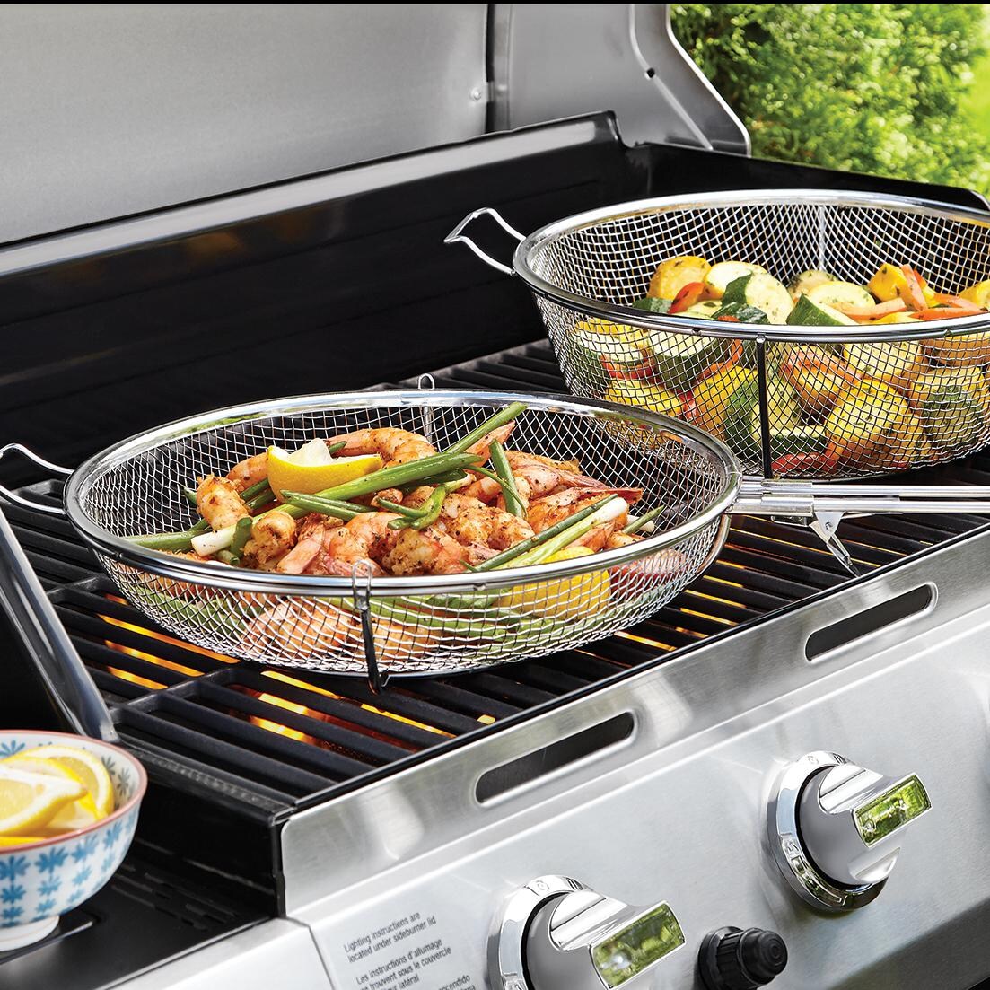 Outset 76450 Stainless Steel Jumbo Grill Basket - Grilling Shrimp & Veggies thumbnail