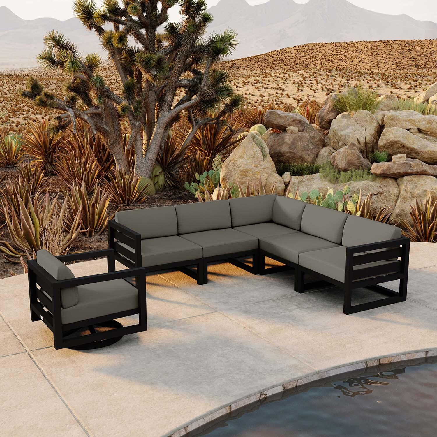 Misty Cove 6 Pc Aluminum Sectional Seating Set w/ Swivel Chairs in Black/Canvas Charcoal by Lakeview Outdoor Designs - Lifestyle thumbnail