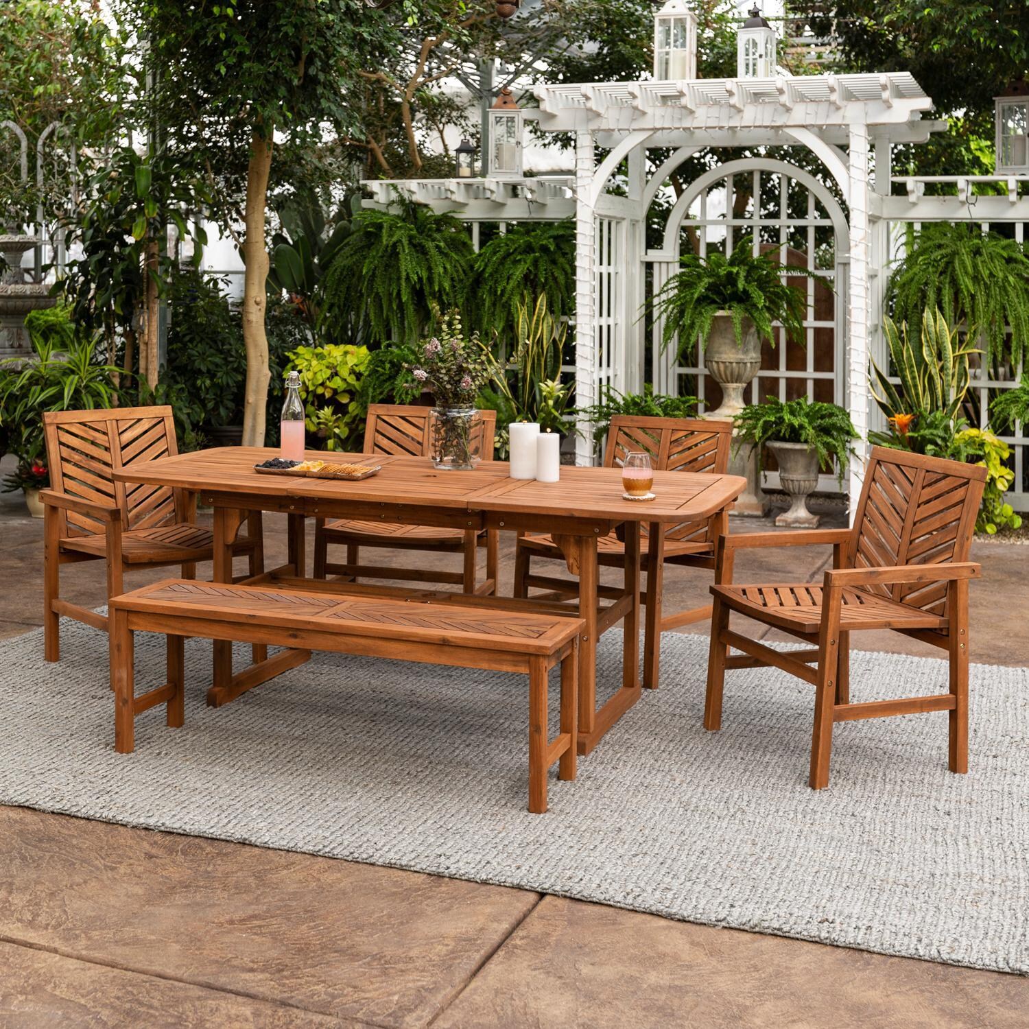 Walker Edison Vincent 6 Piece Acacia Patio Dining Set W/ 55-79 X 35 Inch Extension Rectangular Table - Brown image