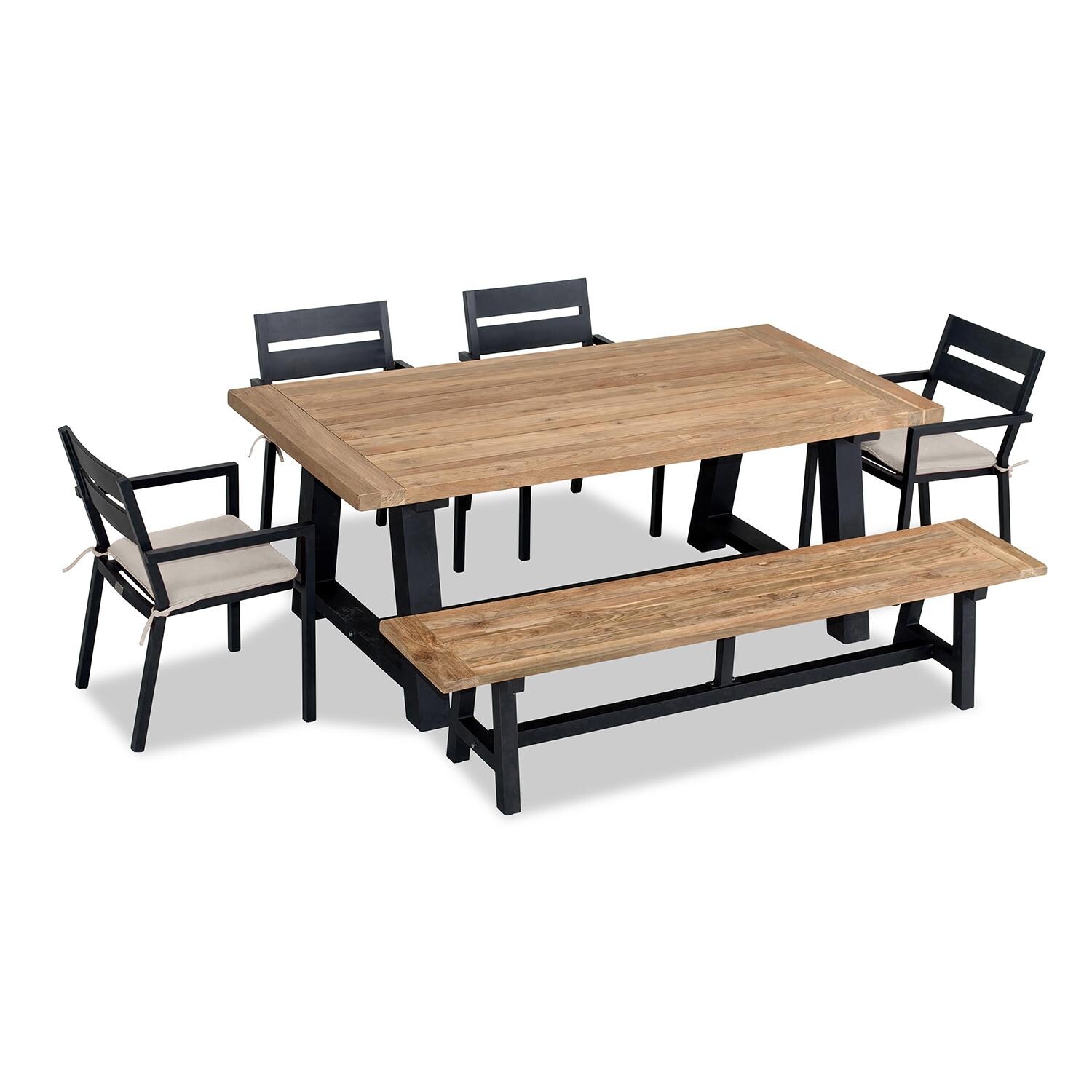 Calm Bay Mill 7 Pc Reclaimed Teak Aluminum Dining Set w/ Bench in Black/Cast Silver by Lakeview Outdoor Designs