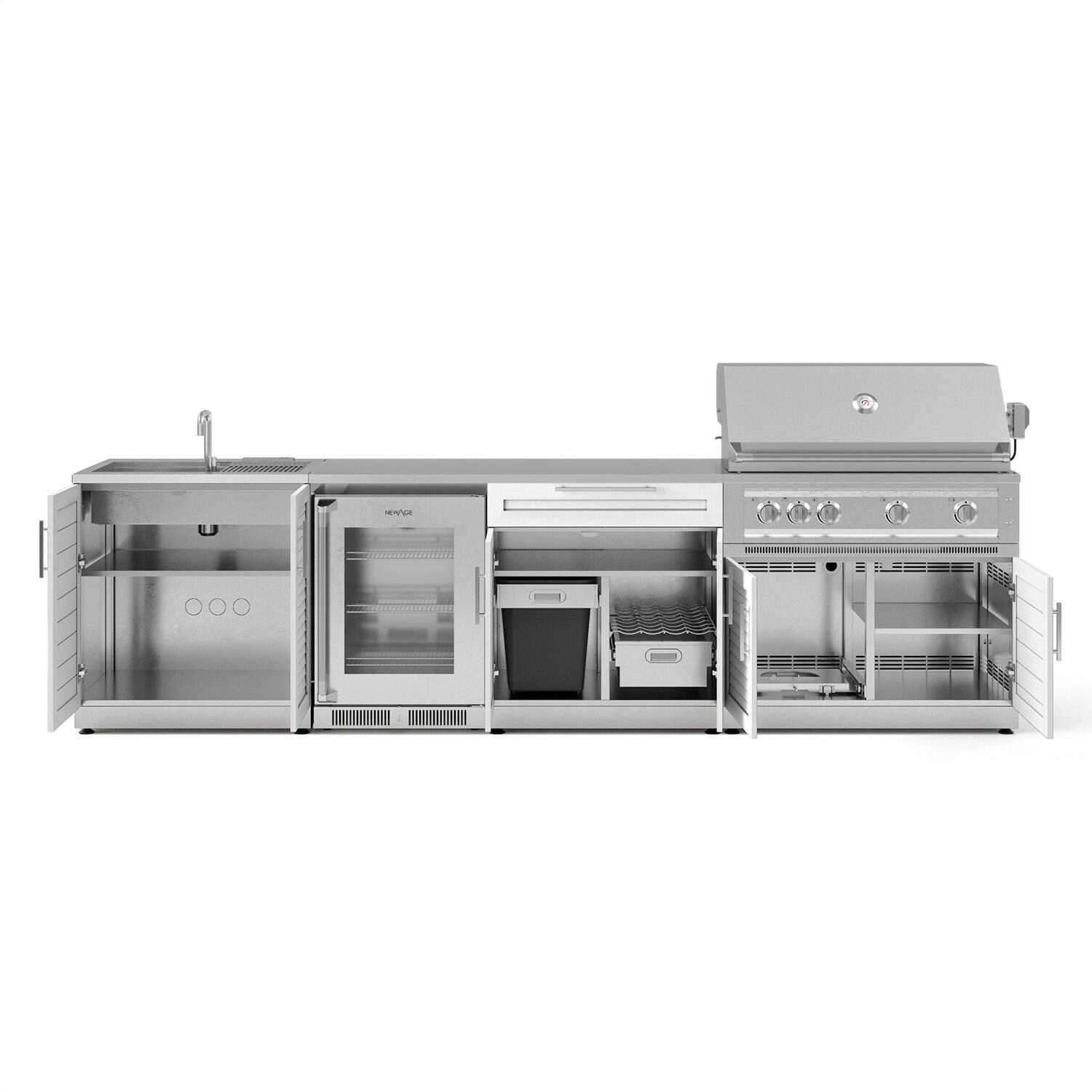 NewAge Products 71529 Classic Series 10 1/2 Ft Outdoor Kitchen Island w/ 40-in Natural Gas Grill, Sink, Glass Door Refrigerator, Trash Bin, Door & Drawer in White/Stainless Steel - Open - White Background thumbnail