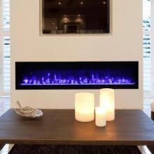 Amantii Symmetry Series 74-Inch Built-In Electric Fireplace with Black Steel Surround - ICE Media Kit & Decorative Logs - Indoor/Outdoor - SYM-74