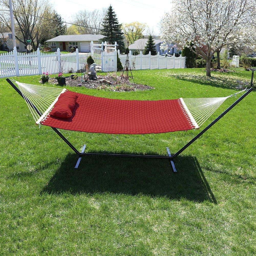 Ultimate Patio Quilted Double Hammock w/ Stand & Pillow - Red - Garden View thumbnail