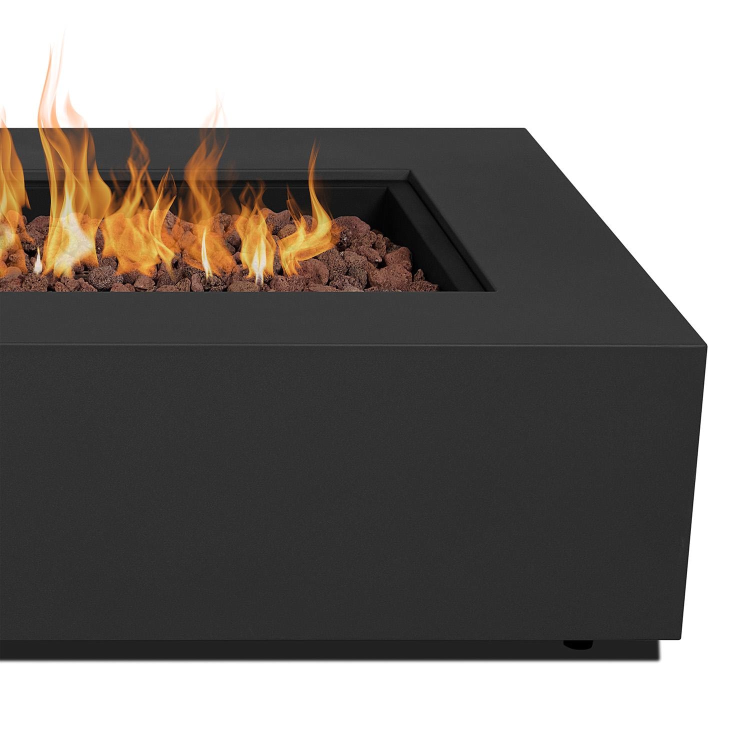 Elysian 75-in Rectangular Steel Propane Fire Pit Table in Black by Lakeview - Lit Up Close - Detail thumbnail