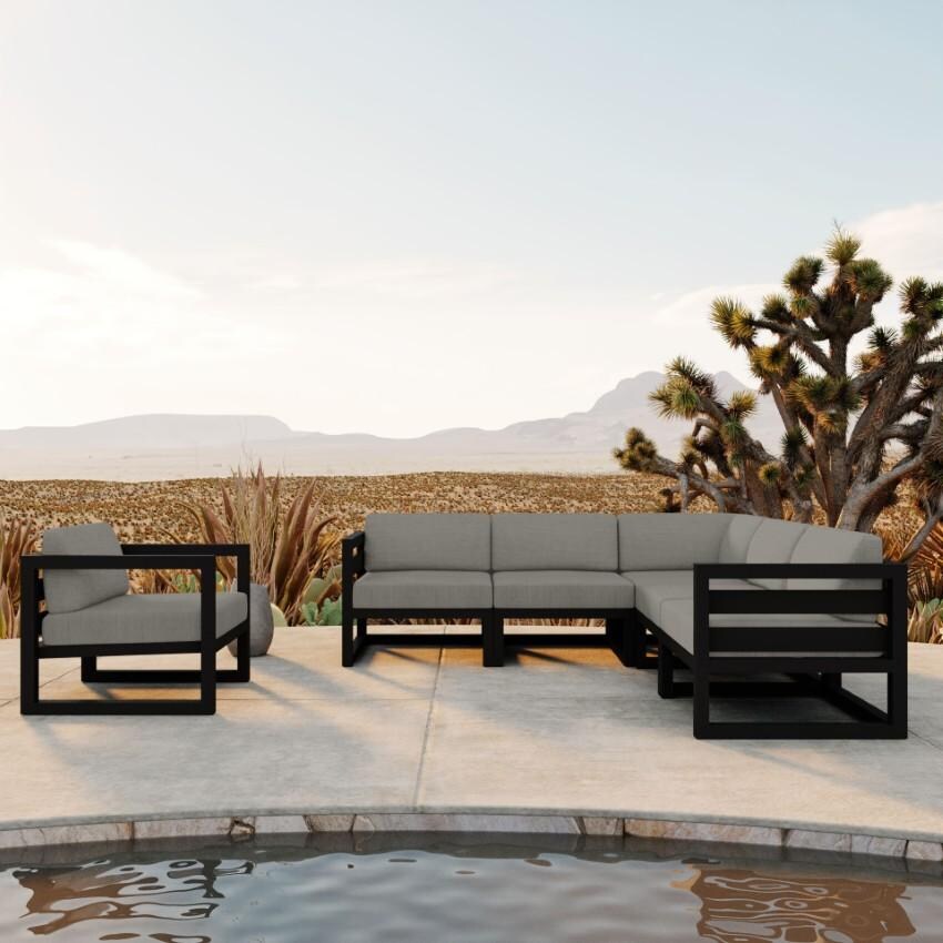 Misty Cove 6 Pc Aluminum Seating Set w/ Sectional in Black/Canvas Charcoal by Lakeview Outdoor Designs