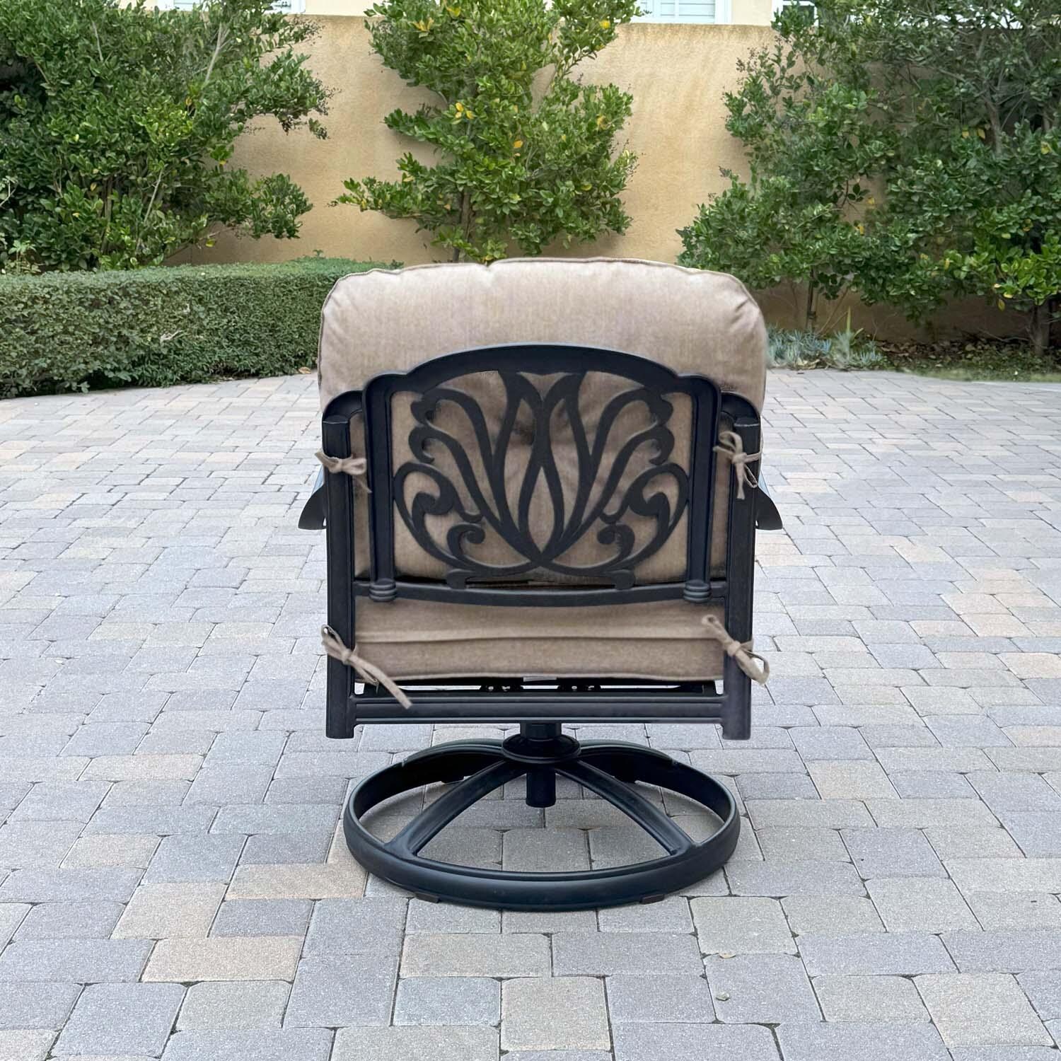 Darlee Elisabeth 5 Pc Cast Aluminum Seating Set w/ Series 30 Coffee Table & End Table in Antique Bronze/Beige Canvas - Chair Back - Lifestyle thumbnail