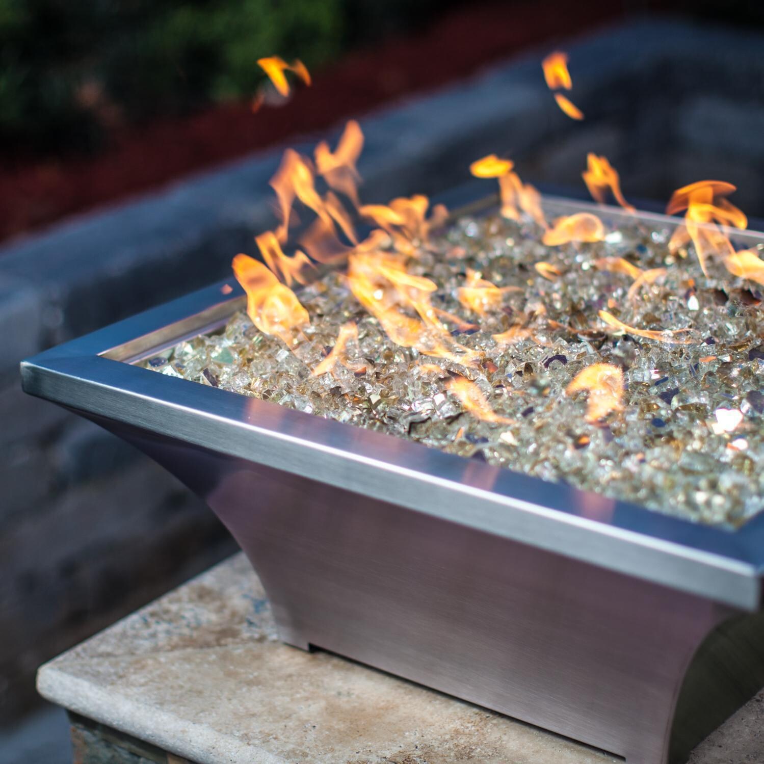 BBQGuys Signature Series Lavelle 24-Inch Square High-Rise Natural Gas Fire Bowl - Stainless Steel - Close Up - Shown with 1/2 inch White Gold Reflective Fire Glass thumbnail