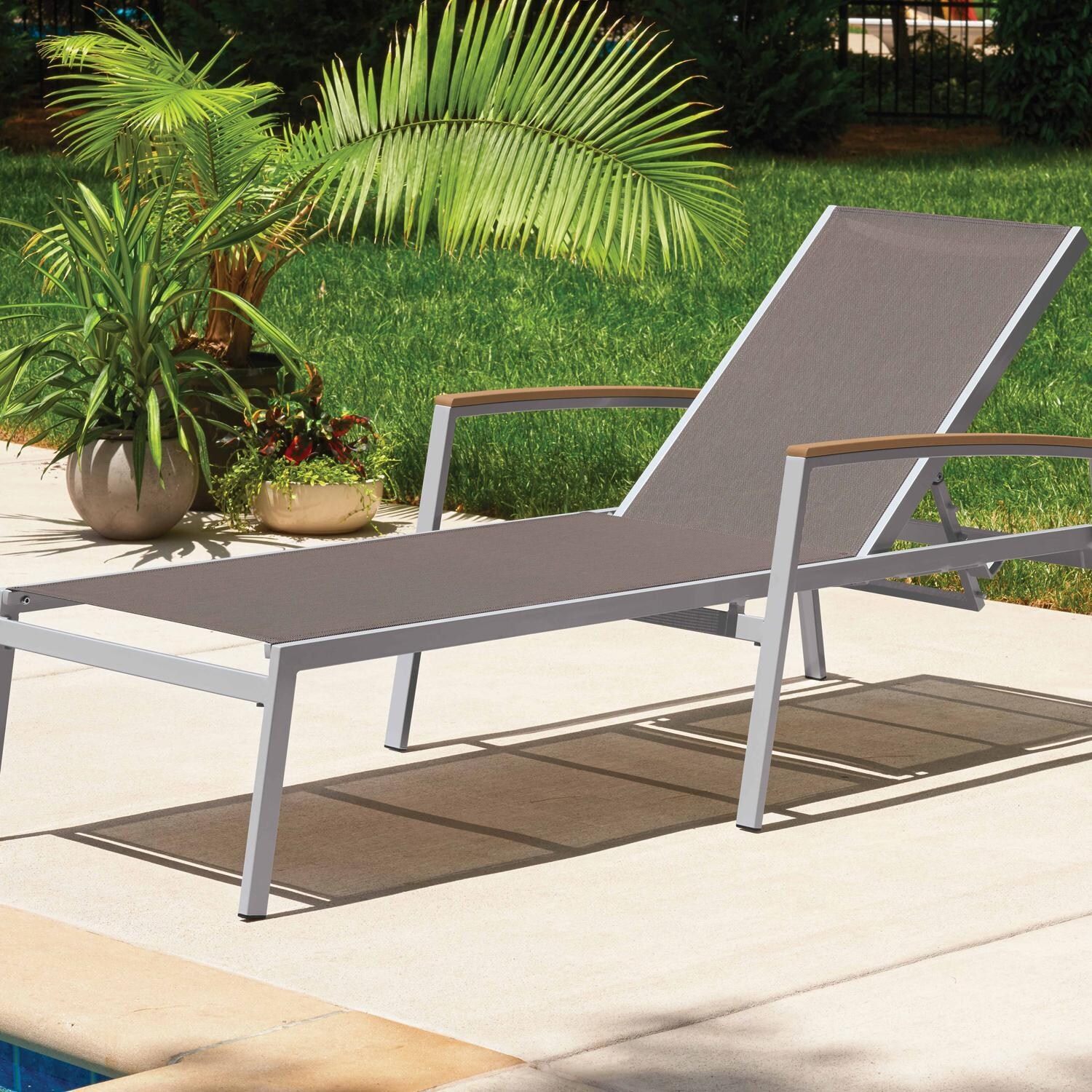 Oxford Garden Travira 4 Pc Composite Sling & Aluminum Chaise Lounge W/ Natural Tekwood Arm Caps in Flint/Cocoa - Poolside thumbnail