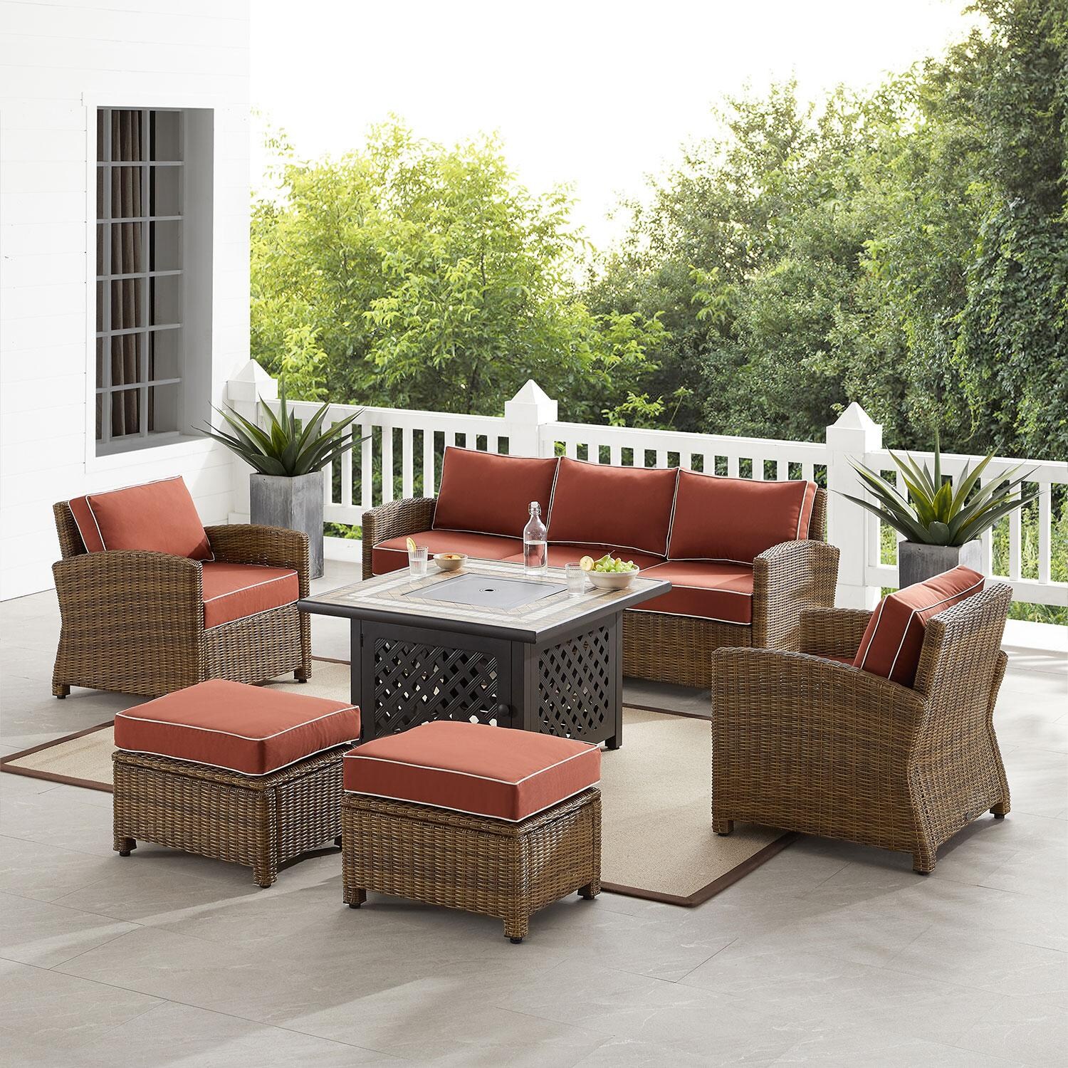 Ultimate Patio UP-92417WB-SG 6Pc Wicker Outdoor Sofa Set W/ Fire Table in Sangria - On Patio W/ Fire Table Off - Lifestyle thumbnail
