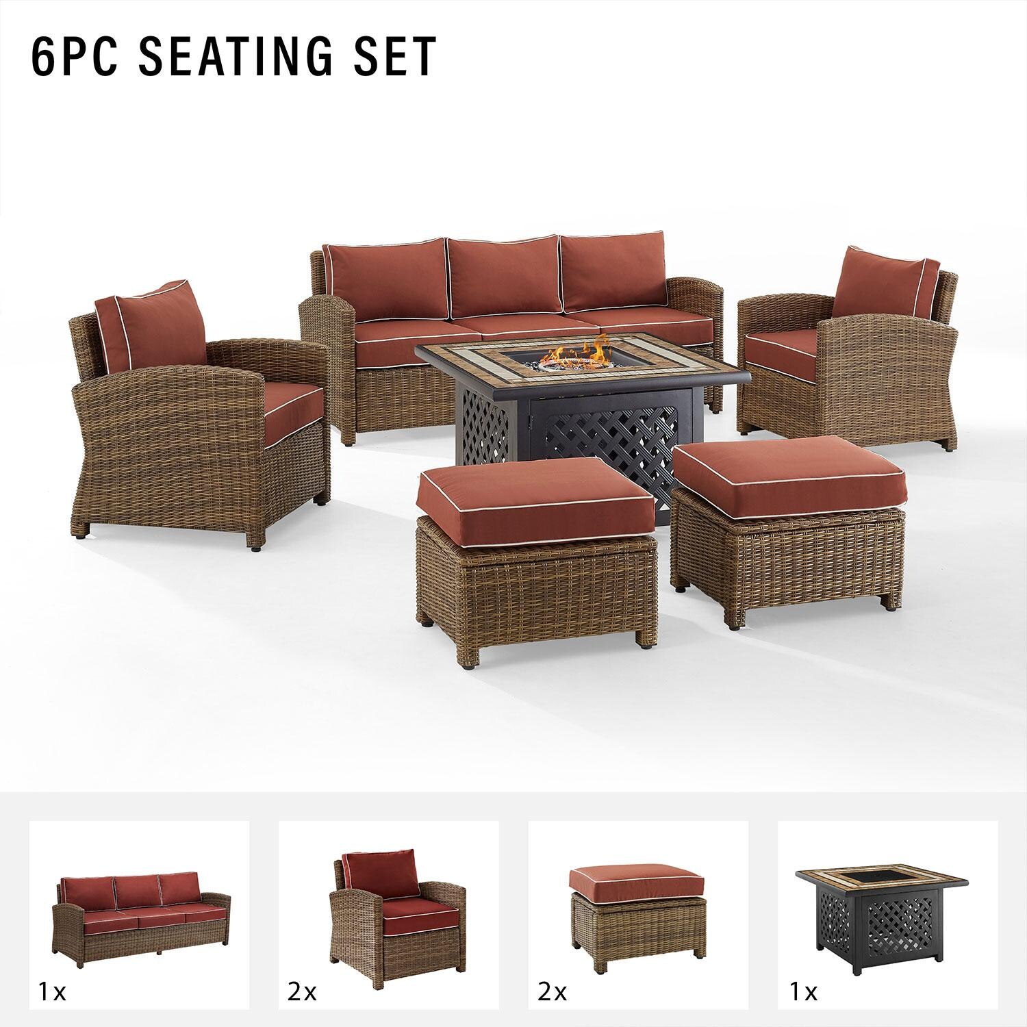 Ultimate Patio UP-92417WB-SG 6Pc Wicker Outdoor Sofa Set W/ Fire Table in Sangria - Included in Set (Sofa, Two Club Chairs, Two Ottomans, and Fire Table) - Diagram thumbnail