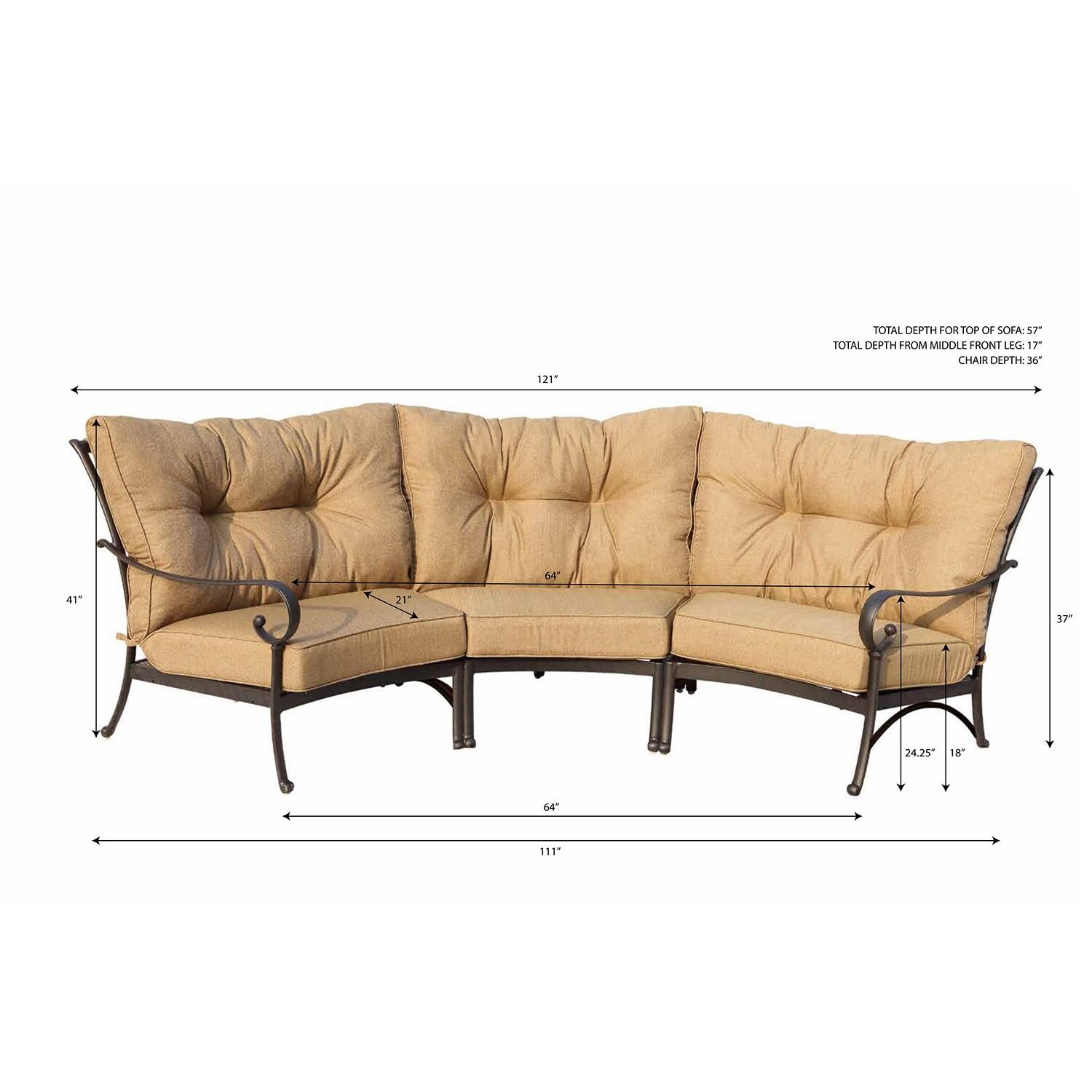 Santa Anita 3 Pc Cast Aluminum Patio Sectional Sofa w/ Sesame Sunbrella Cushions by Darlee - Dimensional thumbnail