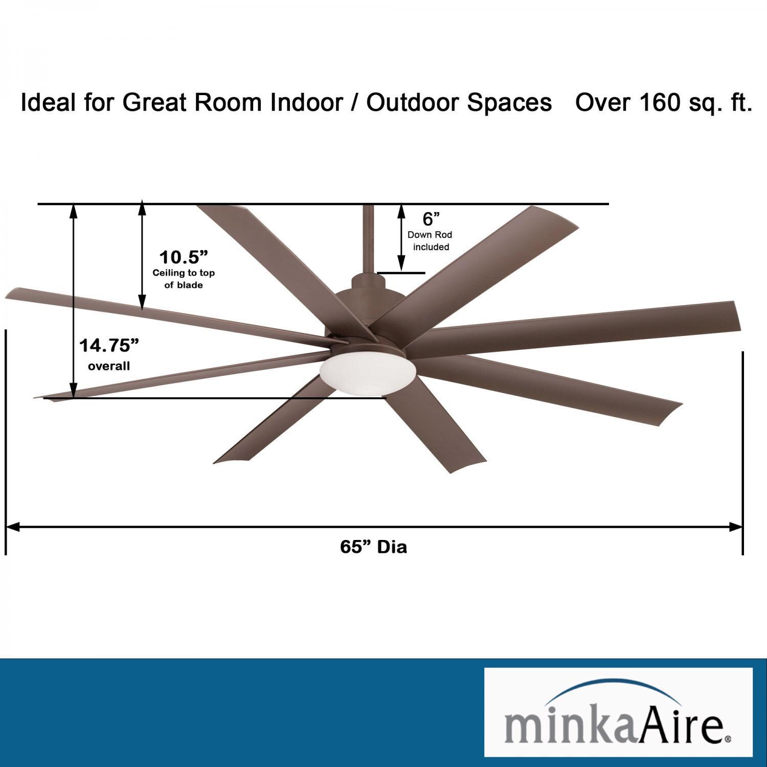 Minka-Aire F888L-ORB Slipstream 65-Inch 8-Blade LED Ceiling Fan in Oil Rubbed Bronze Finish w/ Oil Rubbed Bronze Blades & Tinted Opal Glass - Dimensions thumbnail