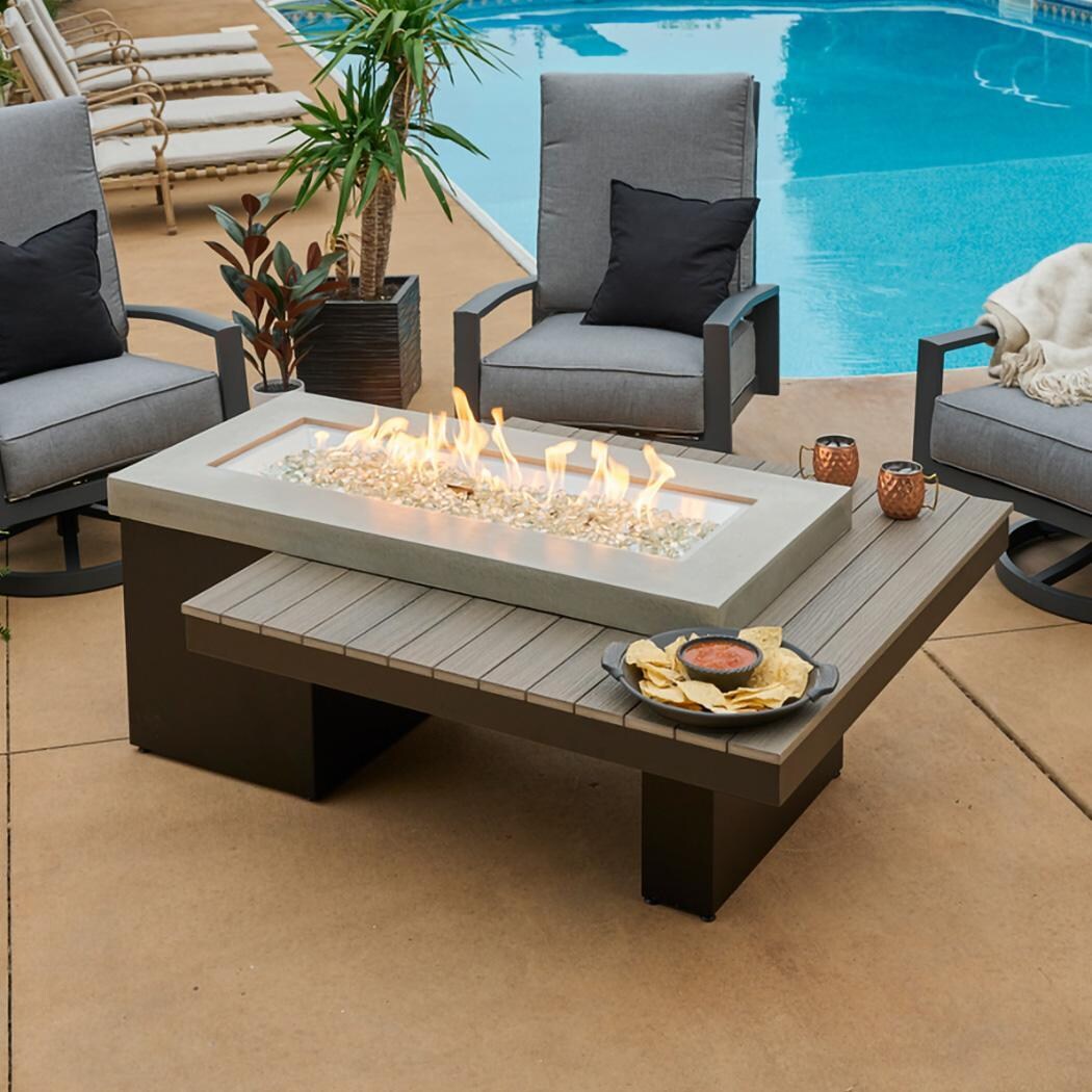 Lakeview Outdoor Designs Emfield 65 Inch Rectangular Aluminum Natural Gas w/ Electronic Ignition Fire Pit Table in Coastal Grey (Ships as Propane w/ Conversion Kit) - By the Pool w/ Food - Lifestyle thumbnail