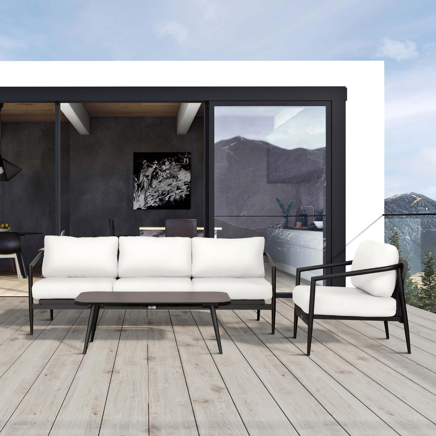 Midnight Cove 3 Pc Aluminum Seating Set in Black/Canvas Natural by Lakeview Outdoor Designs