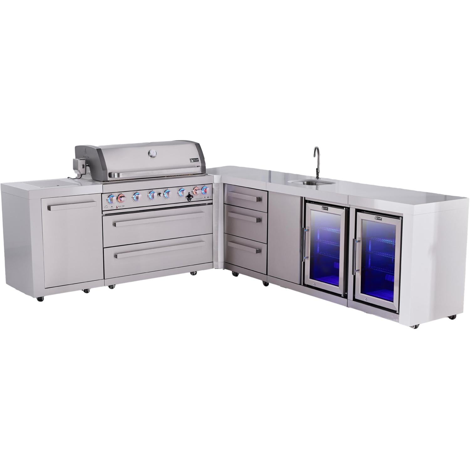 Mont Alpi Deluxe Series 11 Ft L-Shaped Natural Gas Outdoor Kitchen Island w/ 44-in Grill, Side Burner, Beverage Center, Fridge & Triple Drawer (Ships Propane