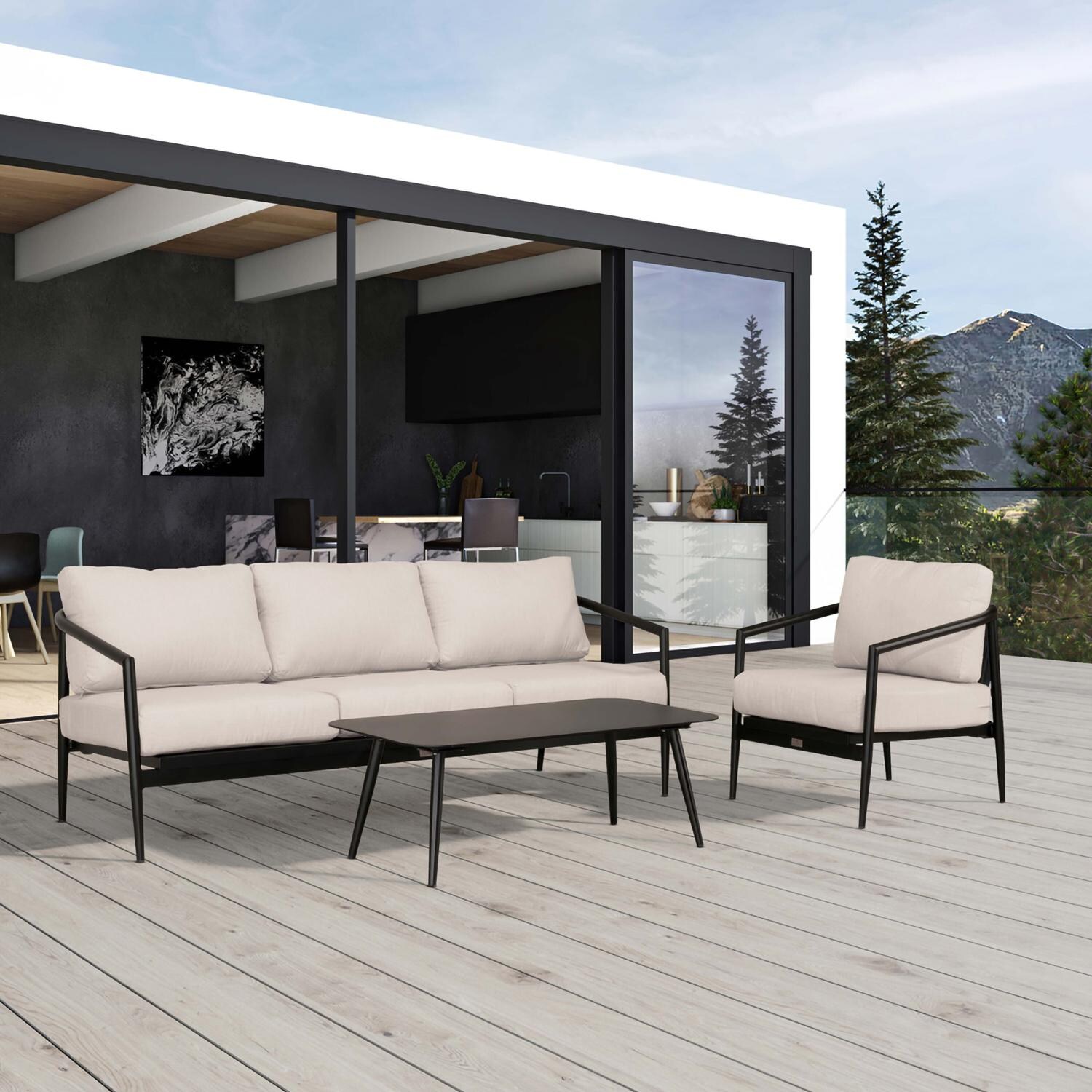 Lakeview Midnight Cove 3 Pc Aluminum Sofa Seating Set in Black/Carbon/Cast Silver - Detail - Lifestyle thumbnail