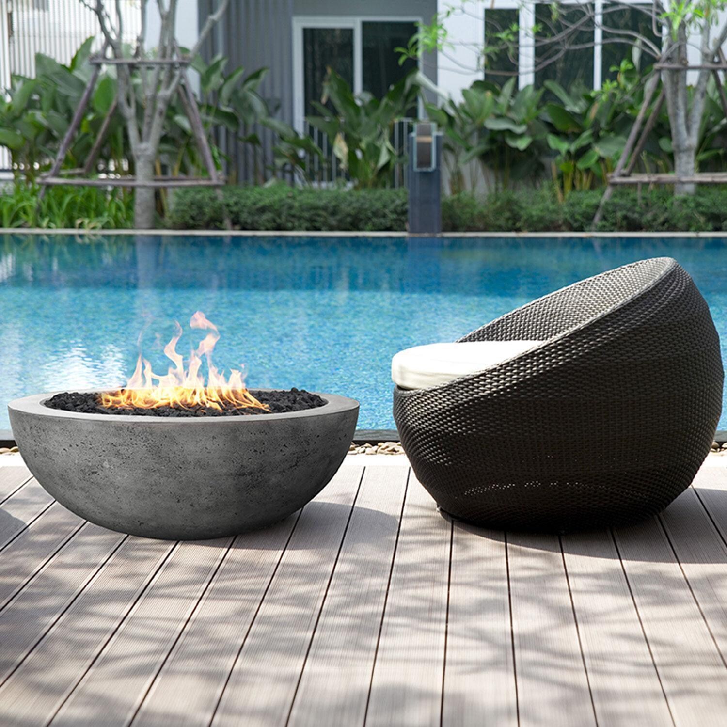 Moderno 6 39-in Round Glass Fiber Reinforced Concrete Propane Fire Bowl in Pewter by Prism Hardscapes - By The Pool - Lifestyle thumbnail