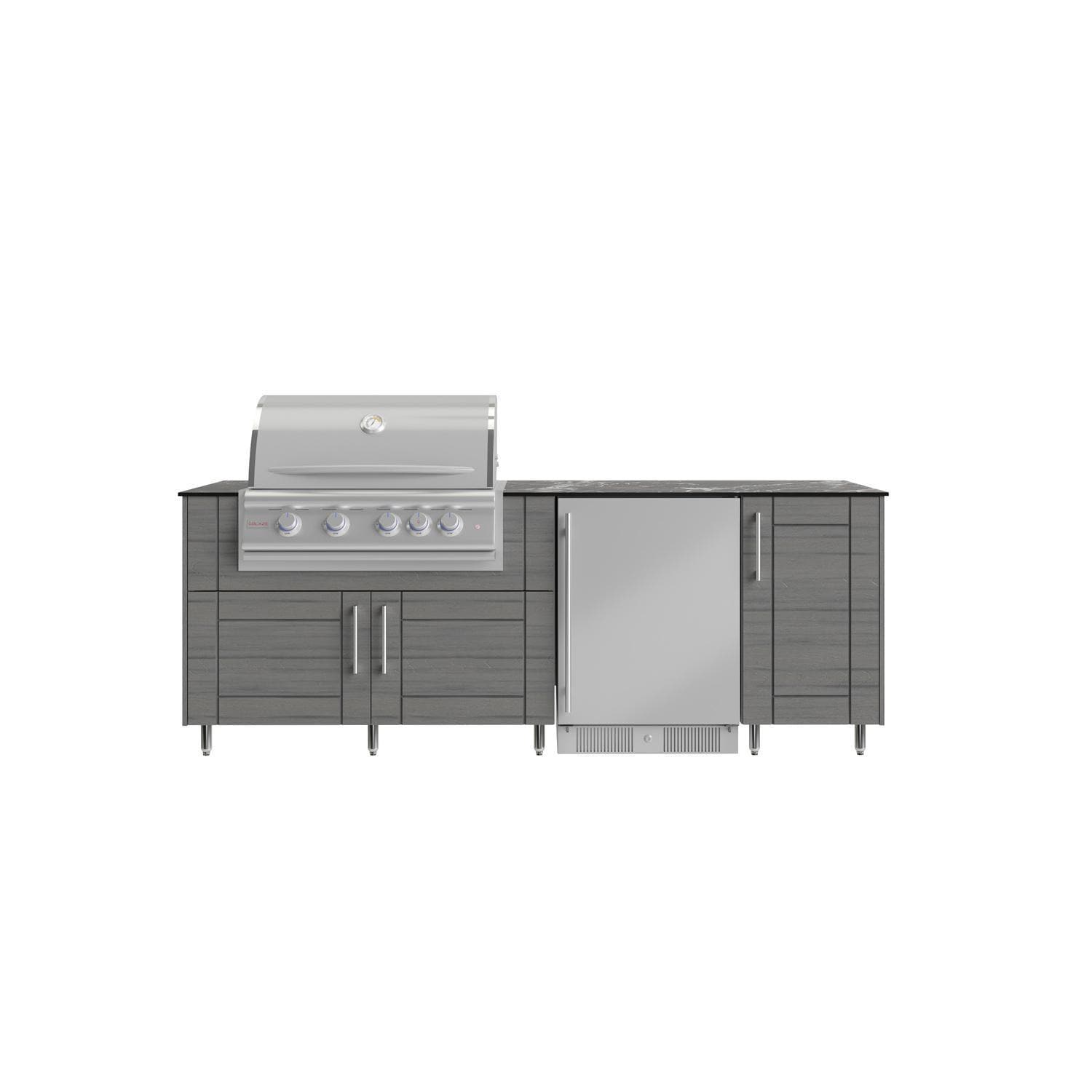 WeatherStrong Bimini 7 1/2 Ft Outdoor Kitchen Island w/ Blaze Propane Grill & Refrigerator in Dark Ash/Midnight Ice