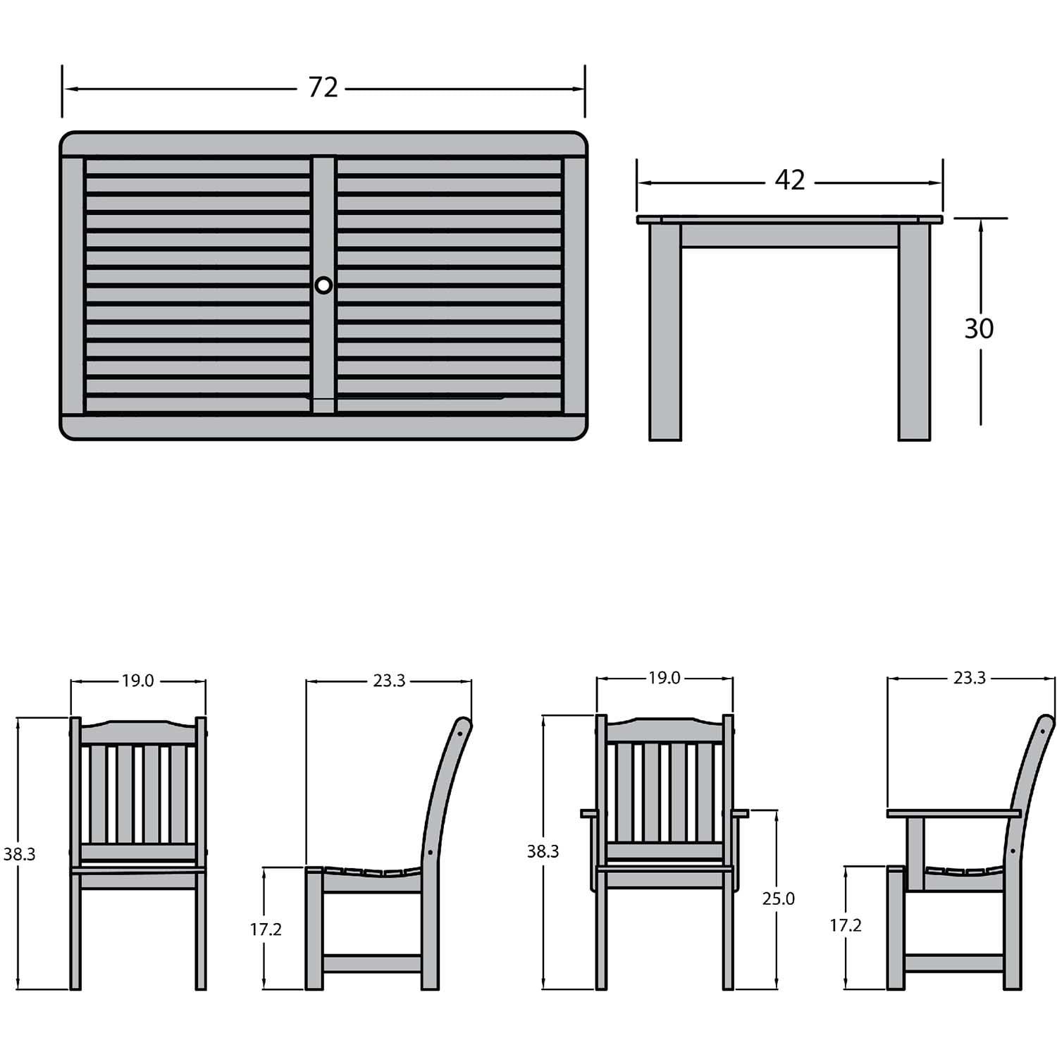 Hart Lane 7 Pc Rectangular Dining Set in Eucalyptus By Lakeview Outdoor Designs - Dimensional thumbnail