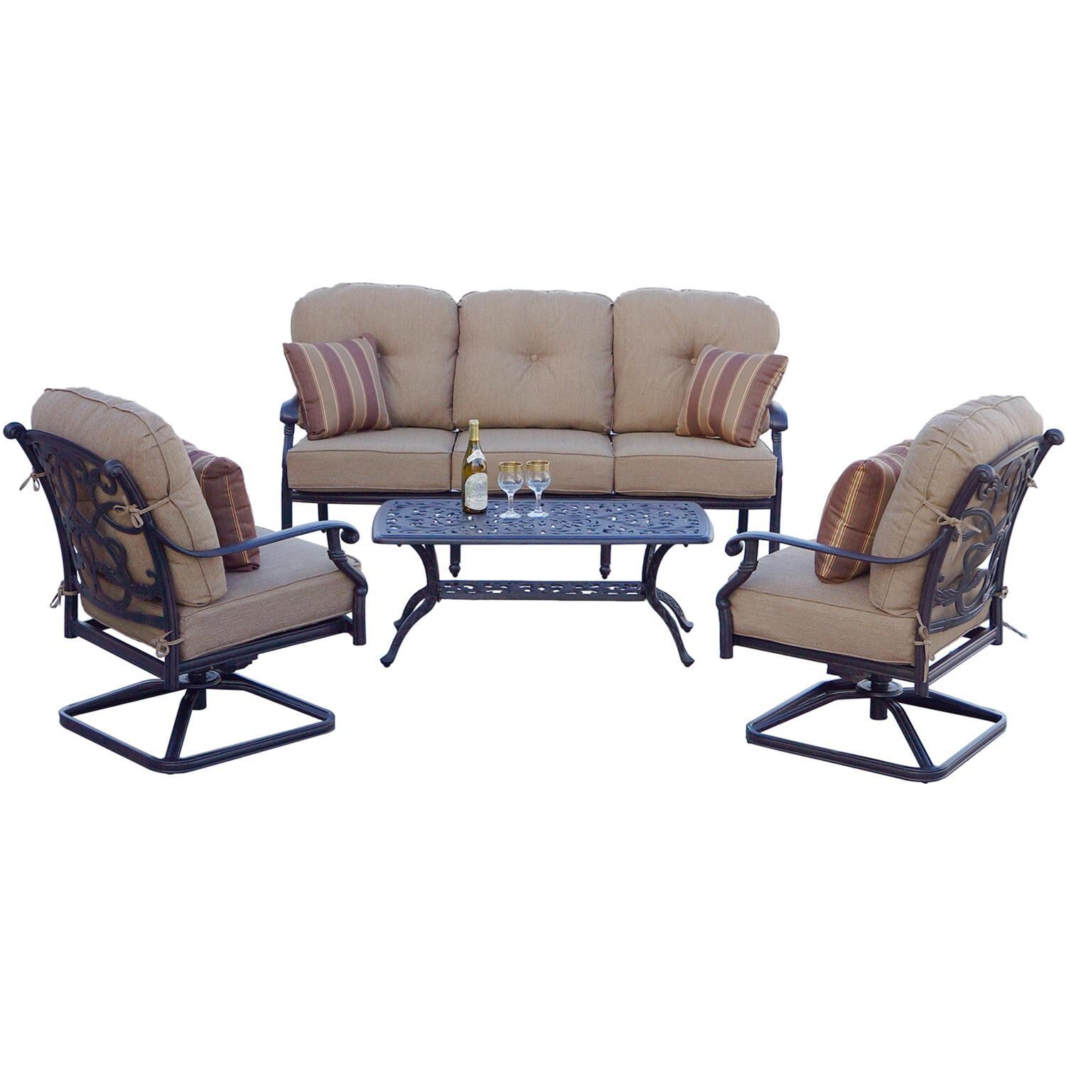 Santa Monica 4 Pc Cast Aluminum Seating Set w/ 42 X 21 Inch Series 80 Table w/ Swivel Rockers & Throw Pillows in Antique Bronze/Sesame by Darlee