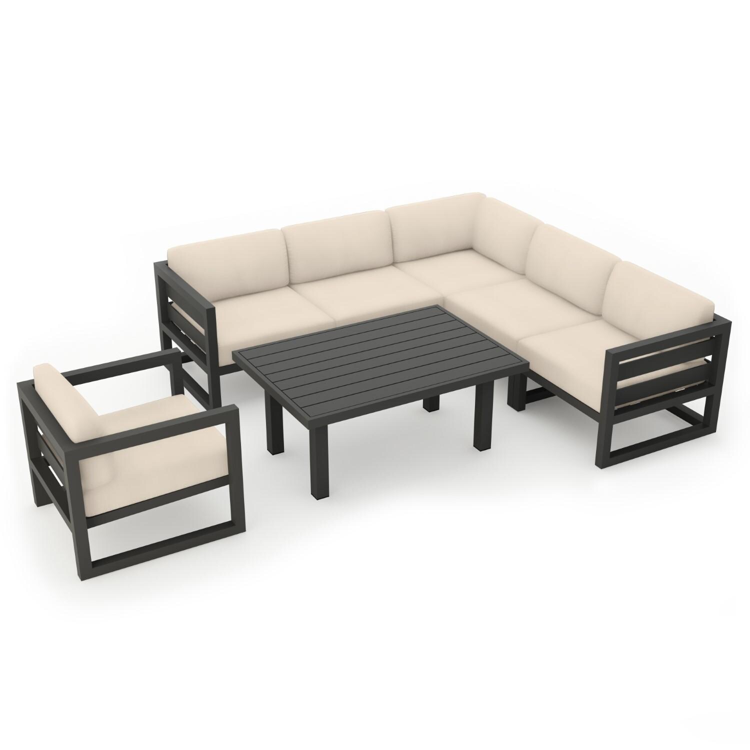Lakeview MSTYCV-SL-SET212-CF Misty Cove 7 Pc Aluminum Sectional Set in Slate w/Chat Table & Canvas Flax Cushions by Lakeview Outdoor Designs - Set Angled - White Background thumbnail