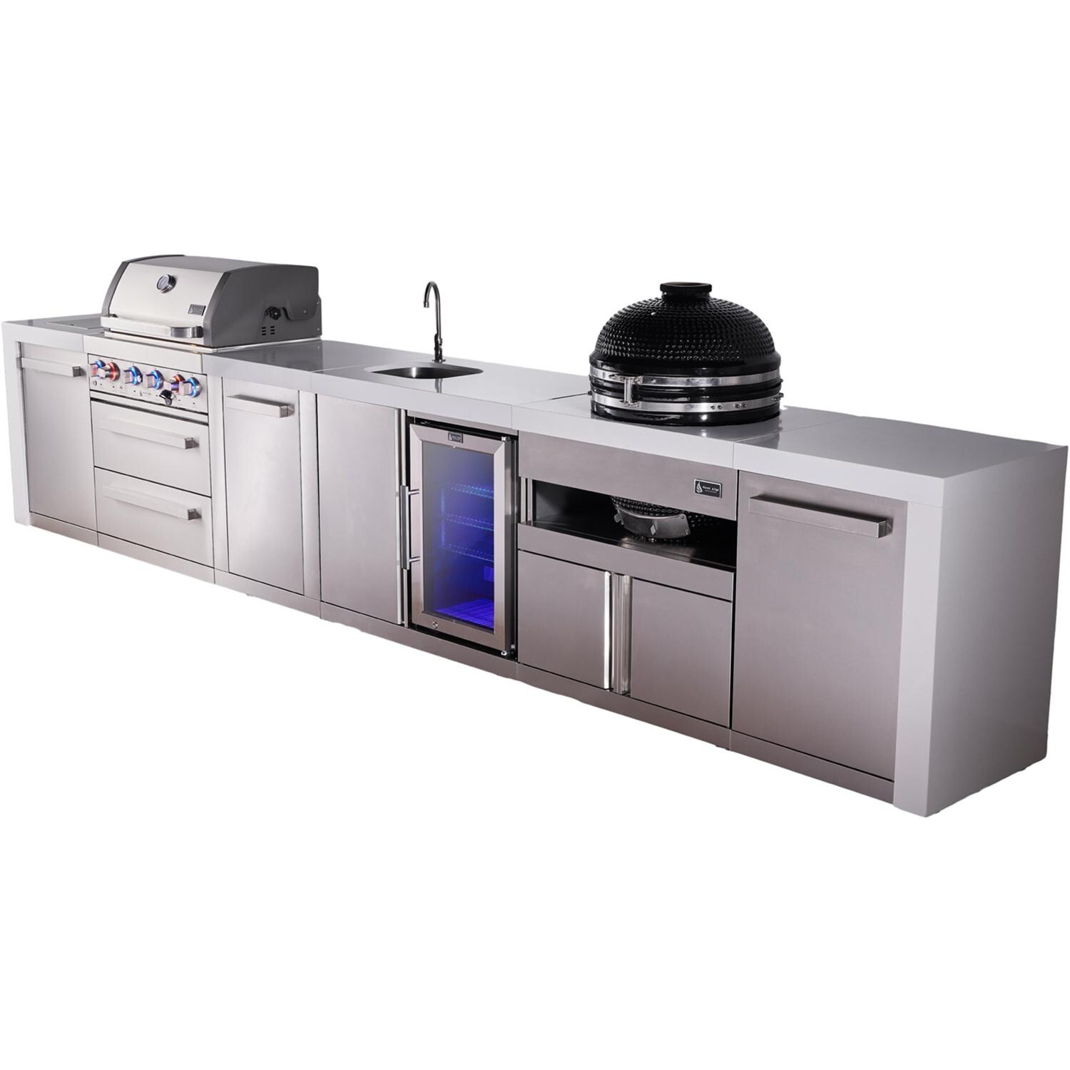 Mont Alpi Deluxe Series 15 1/2 Ft Natural Gas Outdoor Kitchen Island w/ 32-in Grill, Side Burner, Beverage Center, Kamado Module & Extra Door (Ships Propane w/ Conversion Kit) - Angled Right - White Background thumbnail