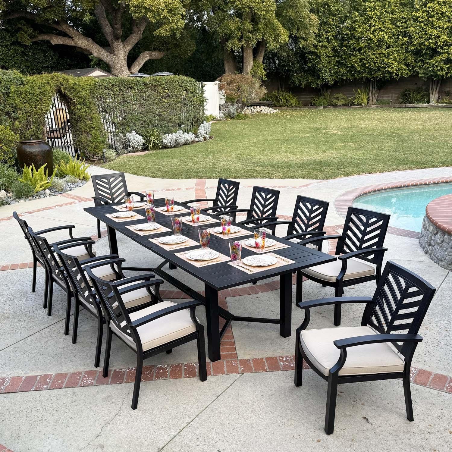 Darlee Palm Springs 11 Pc Aluminum Dining Set w/ 118 X 40-in Extendable Dining Table in Antique Bronze/Beige by - B/2550-11PC-2350LE-BEIGE