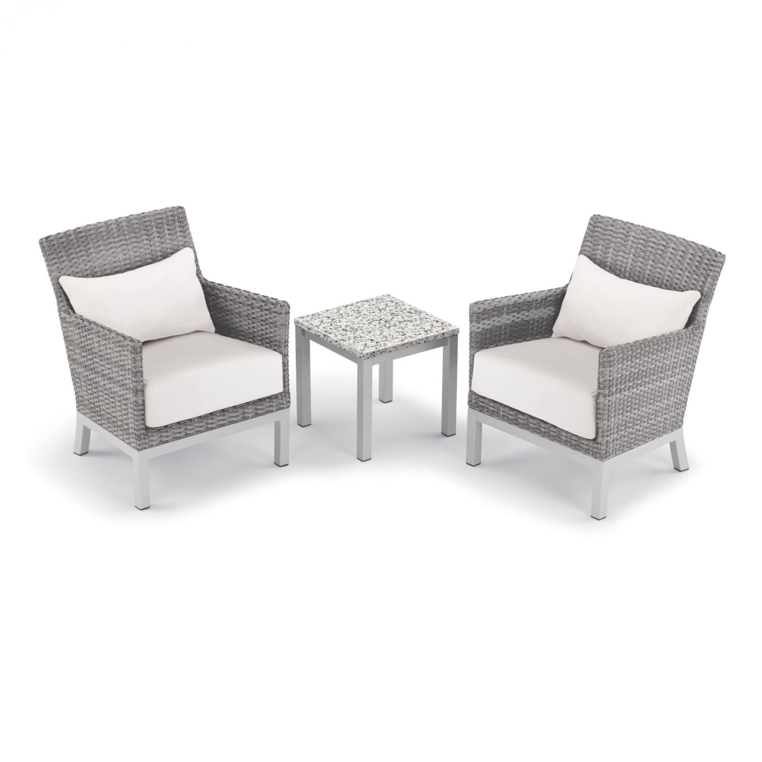 Argento 3 Piece Wicker Patio Conversation Set W/ Lite-Core Ash End Table, Eggshell White Cushions & Lumbar Pillows By Oxford Garden