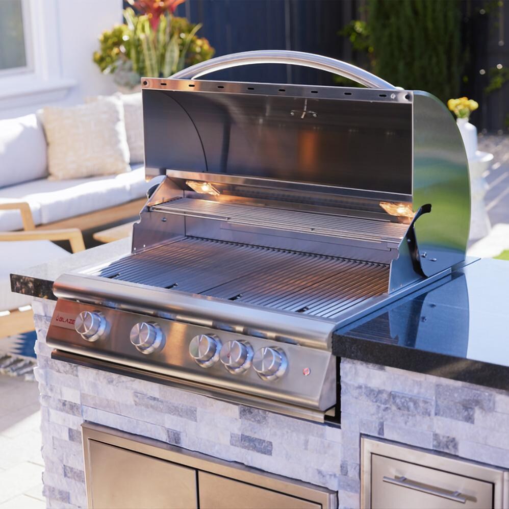 BBQGuys Signature 8 Ft Grill Island w/ 32 Inch Natural Gas Blaze Premium LTE+ Grill & Griddle, Narrow Trash Bin & Door & Drawer | Alaska Gray w/ Black Granite - Grill - Lifestyle