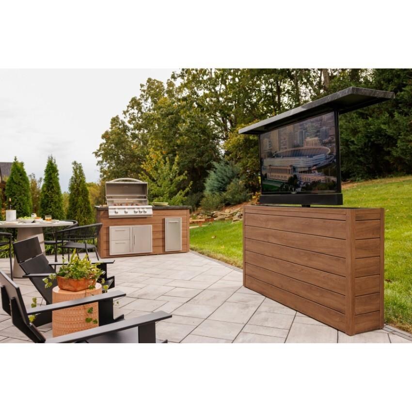 BBQGuys Signature 72 Inch 360 Degree Swivel Outdoor TV Lift Cabinet | Toffee w/ Black Granite - Screen Raised on Patio - Lifestyle thumbnail