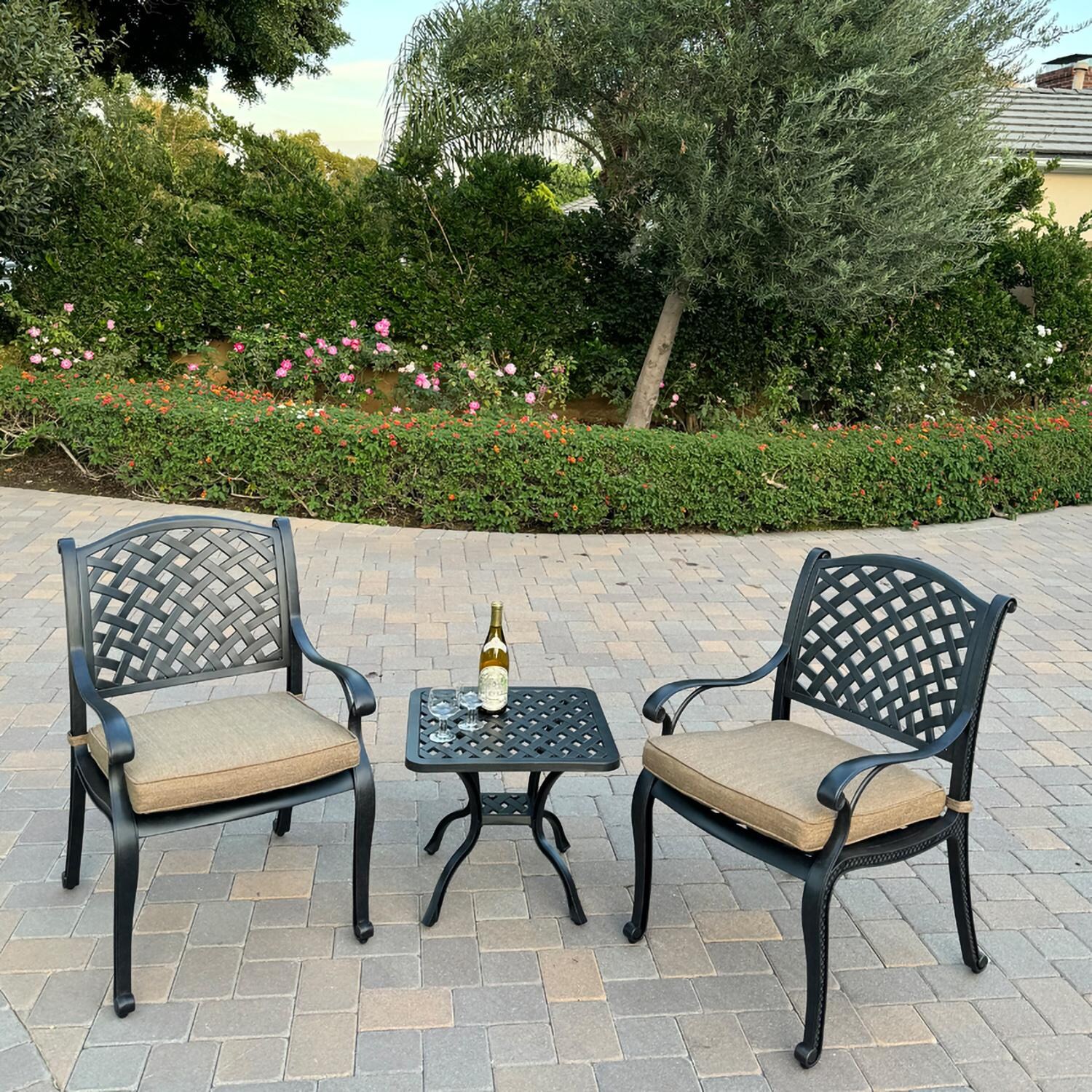 Nassau 3 Pc Cast Aluminum Conversation Set in Antique Bronze w/ Sesame Cushions By Darlee