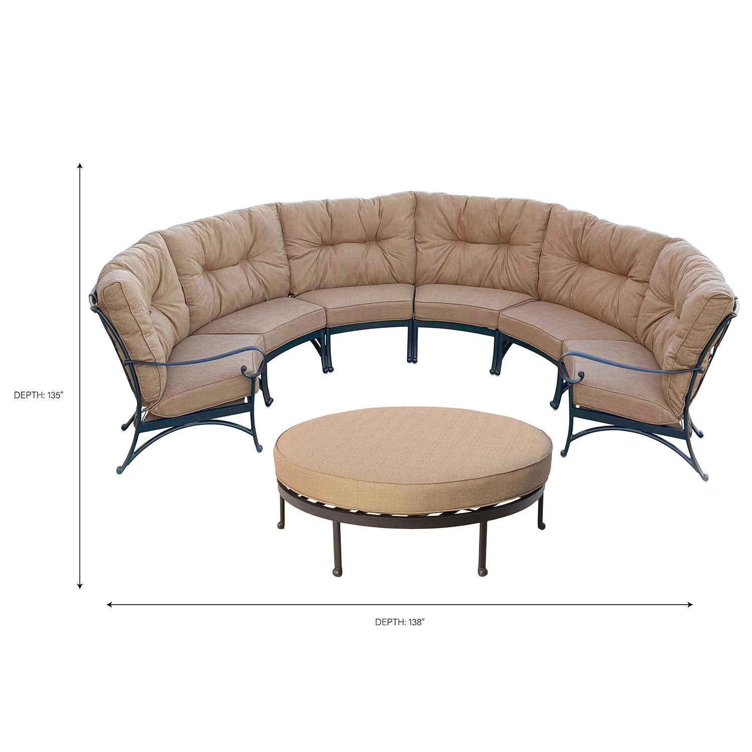Santa Anita 7 Pc Cast Aluminum Patio Sectional Sofa w/ Round Ottoman & Sesame Sunbrella Cushions by Darlee - Dimensional thumbnail